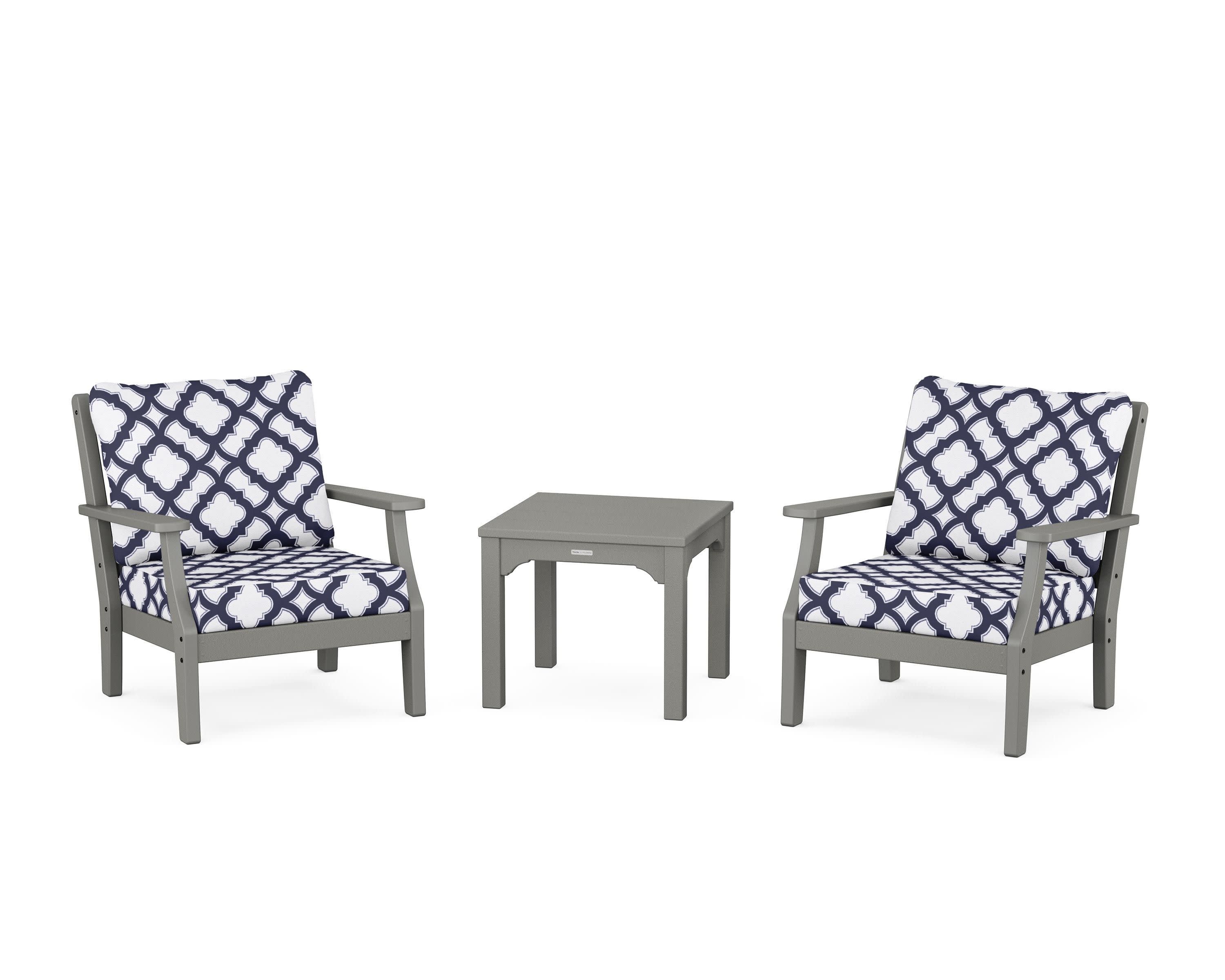 Chinoiserie 3-Piece Deep Seating Set in Slate Grey / Trellis Navy