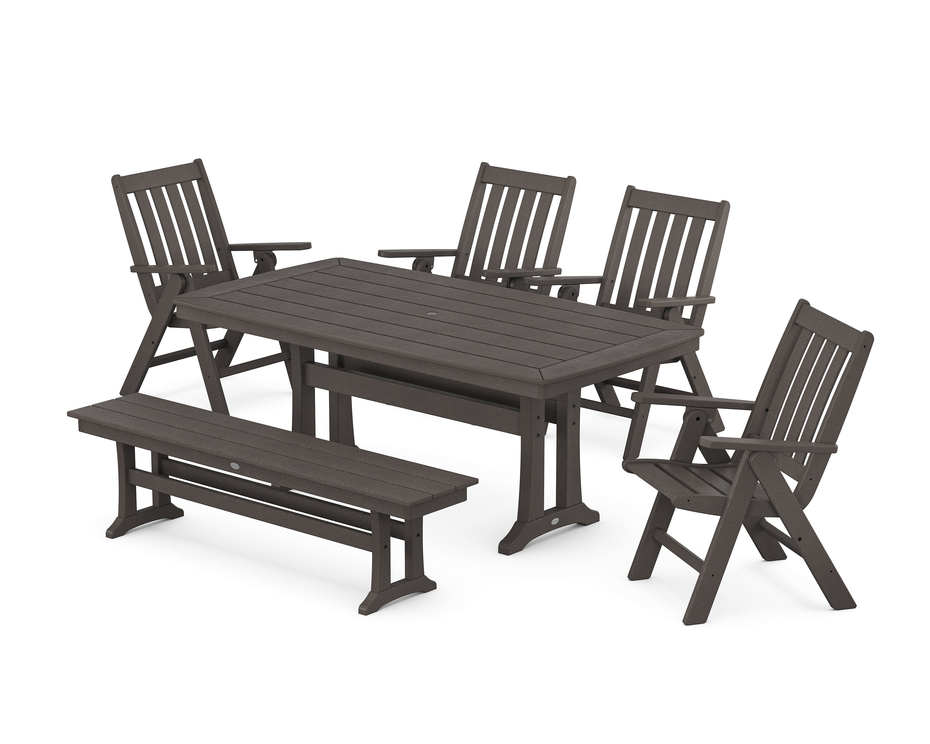 Vineyard Folding Chair 6-Piece Dining Set with Trestle Legs and Bench in Vintage Coffee