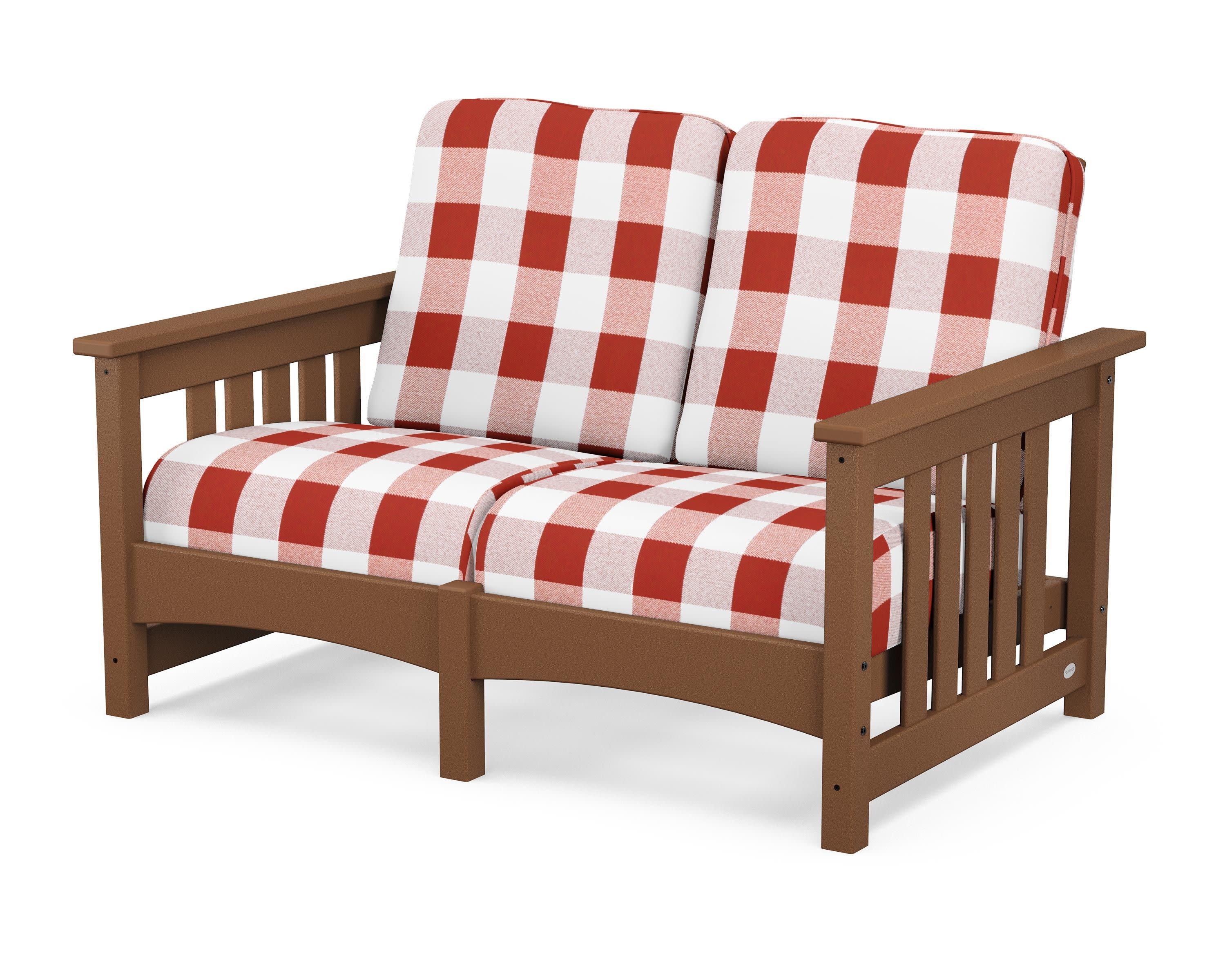 Club Mission Loveseat in Teak / Buffalo Plaid Crimson