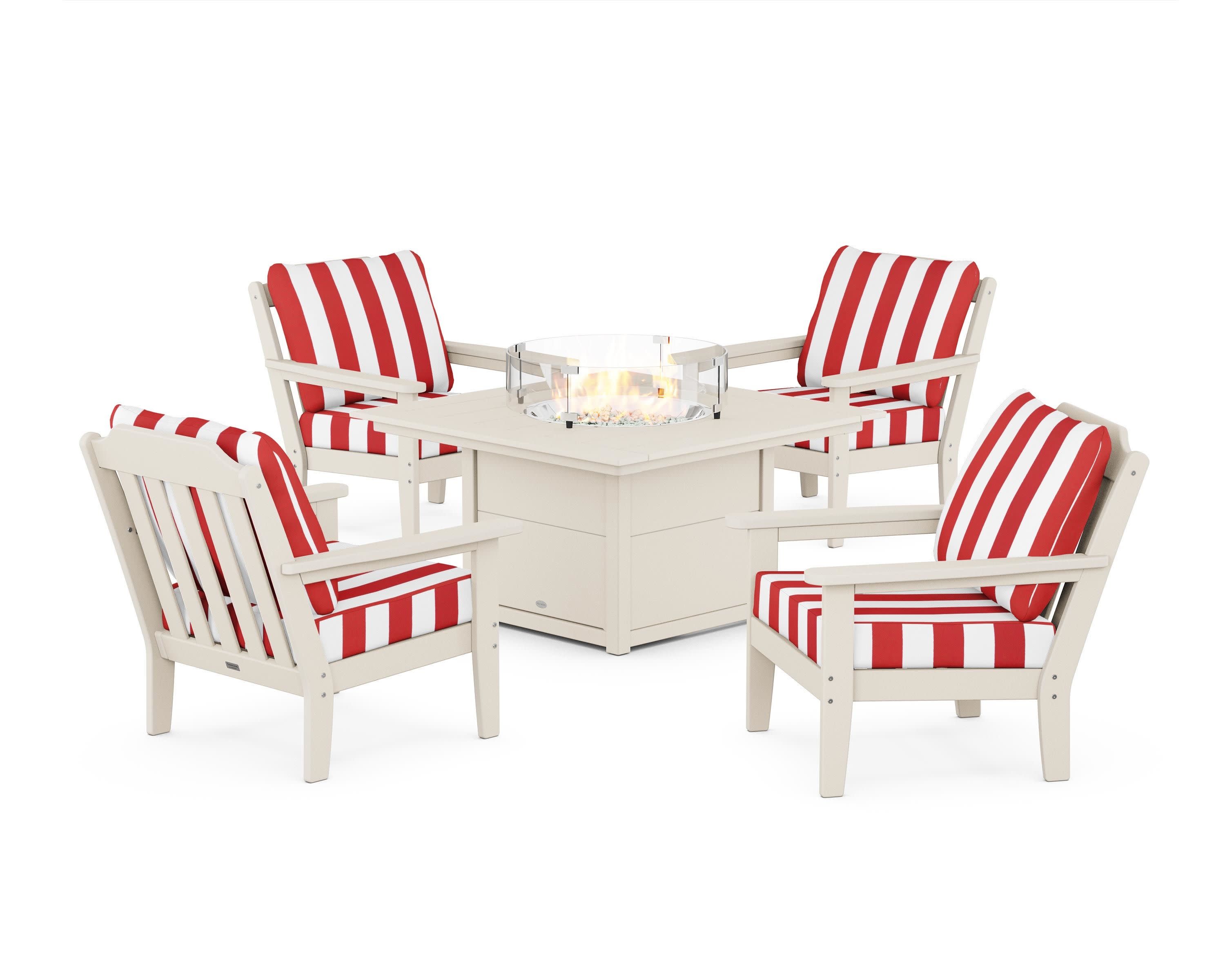 Cottage 5-Piece Deep Seating Set with Fire Pit Table in Sand / Cabana Stripe Crimson