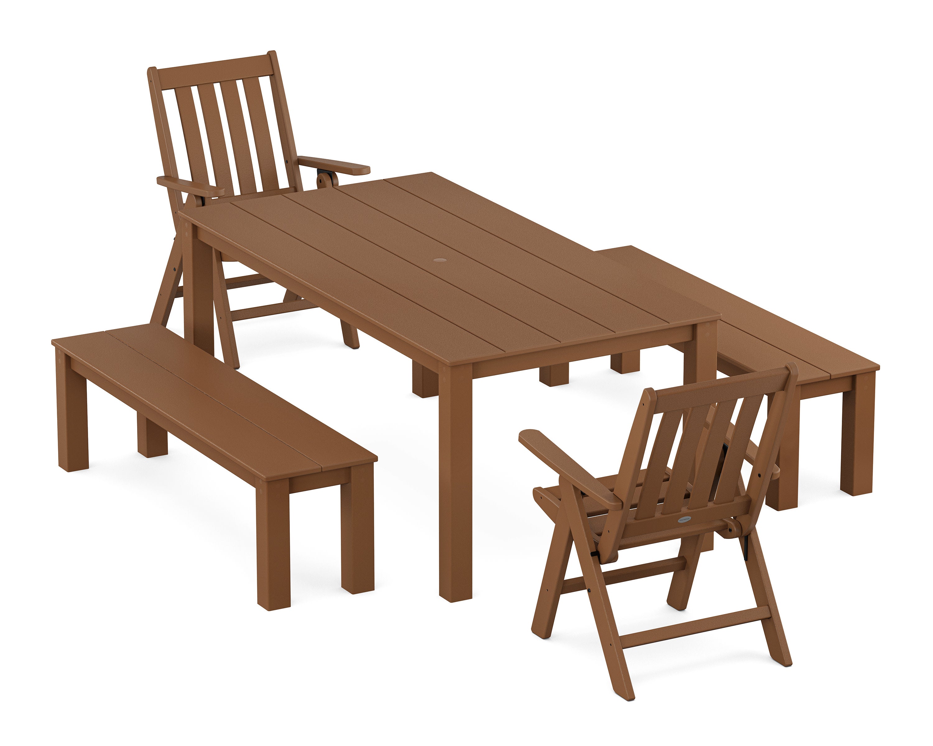 Vineyard Folding Chair 5-Piece Parsons Dining Set with Benches in Teak