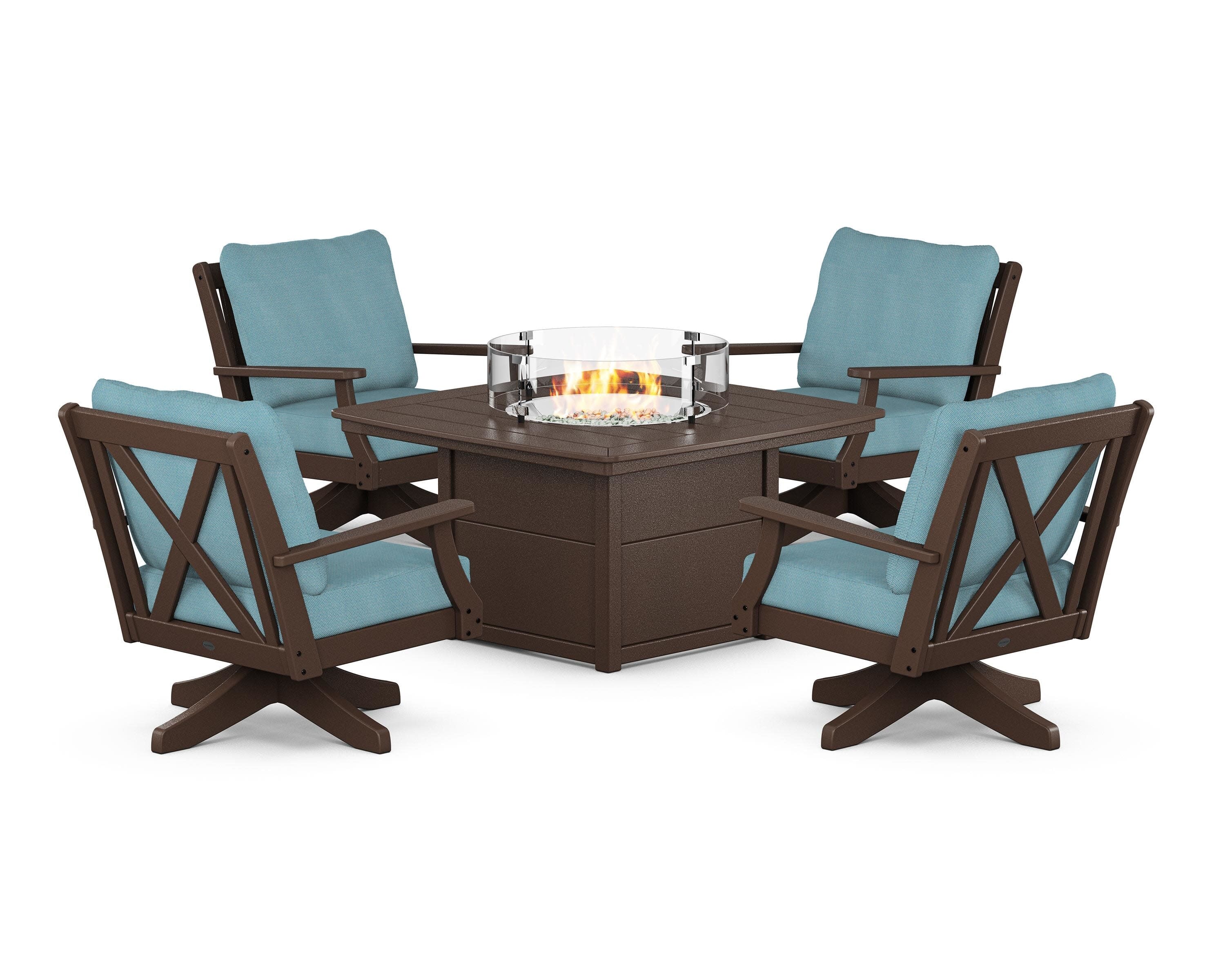 Braxton 5-Piece Deep Seating Swivel Conversation Set with Fire Pit Table in Mahogany / Lattice Sky Blue