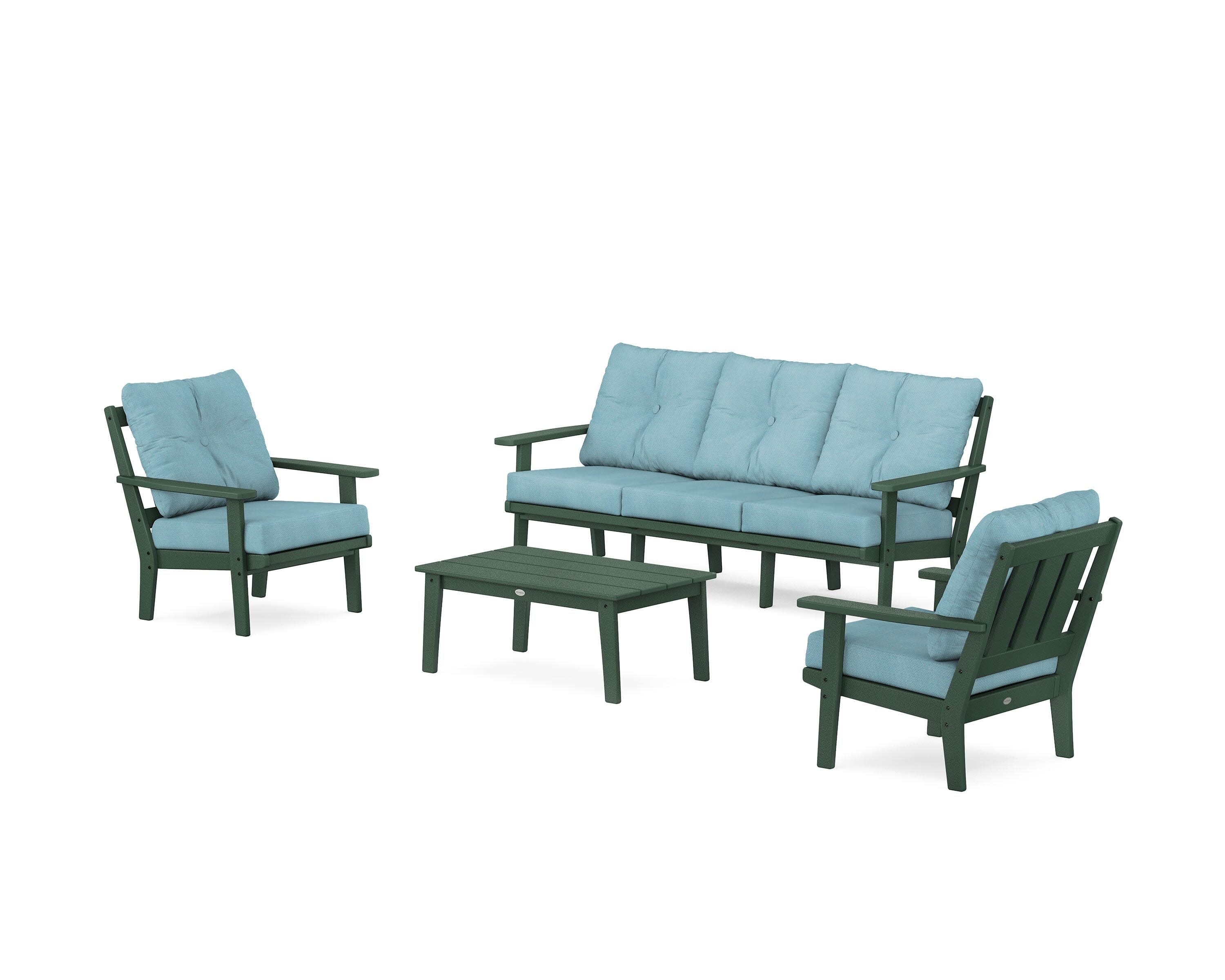 Oxford 4-Piece Deep Seating Set with Sofa in Green / Lattice Sky Blue