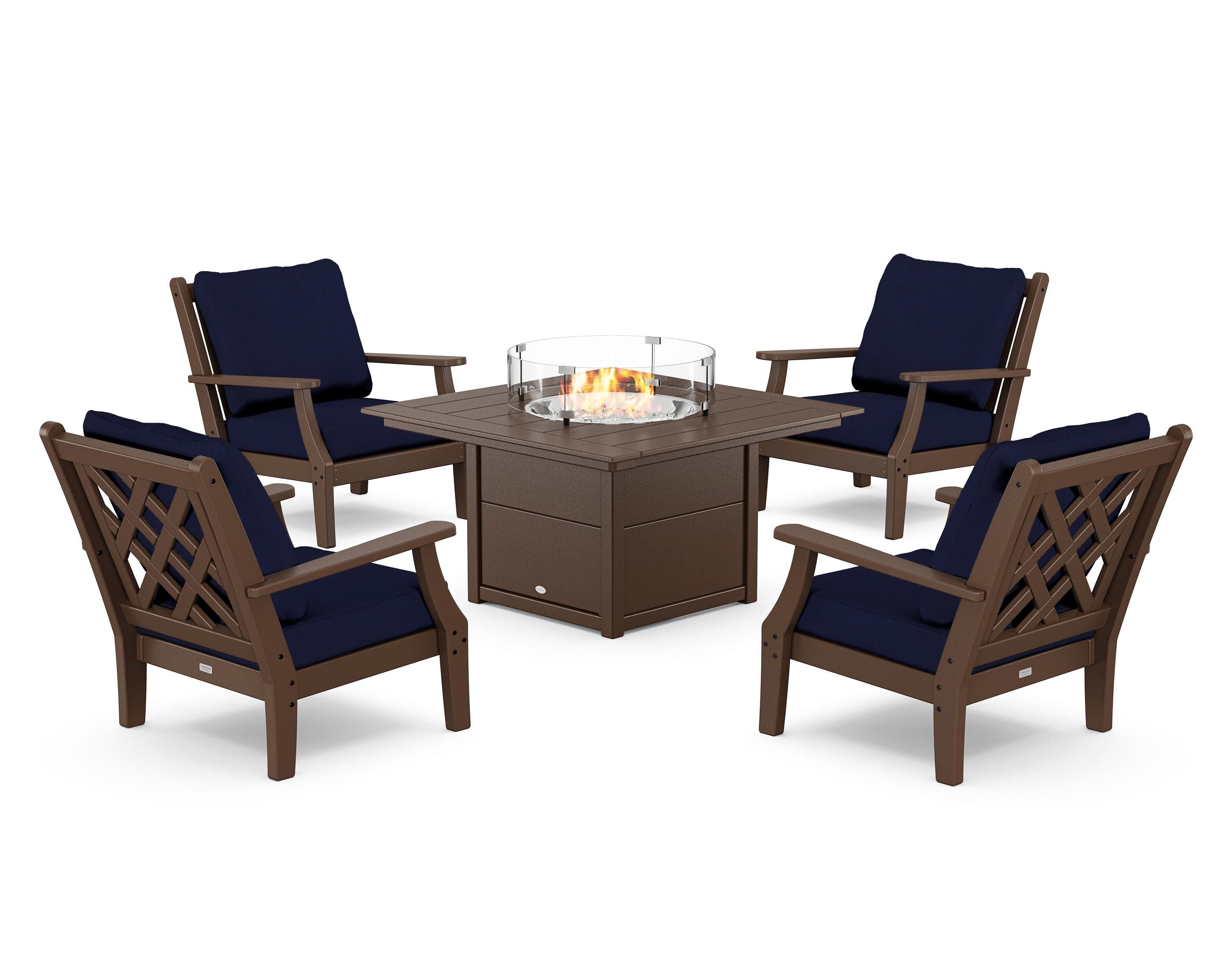 Wovendale 5-Piece Deep Seating Set with Fire Pit Table in Mahogany / Navy