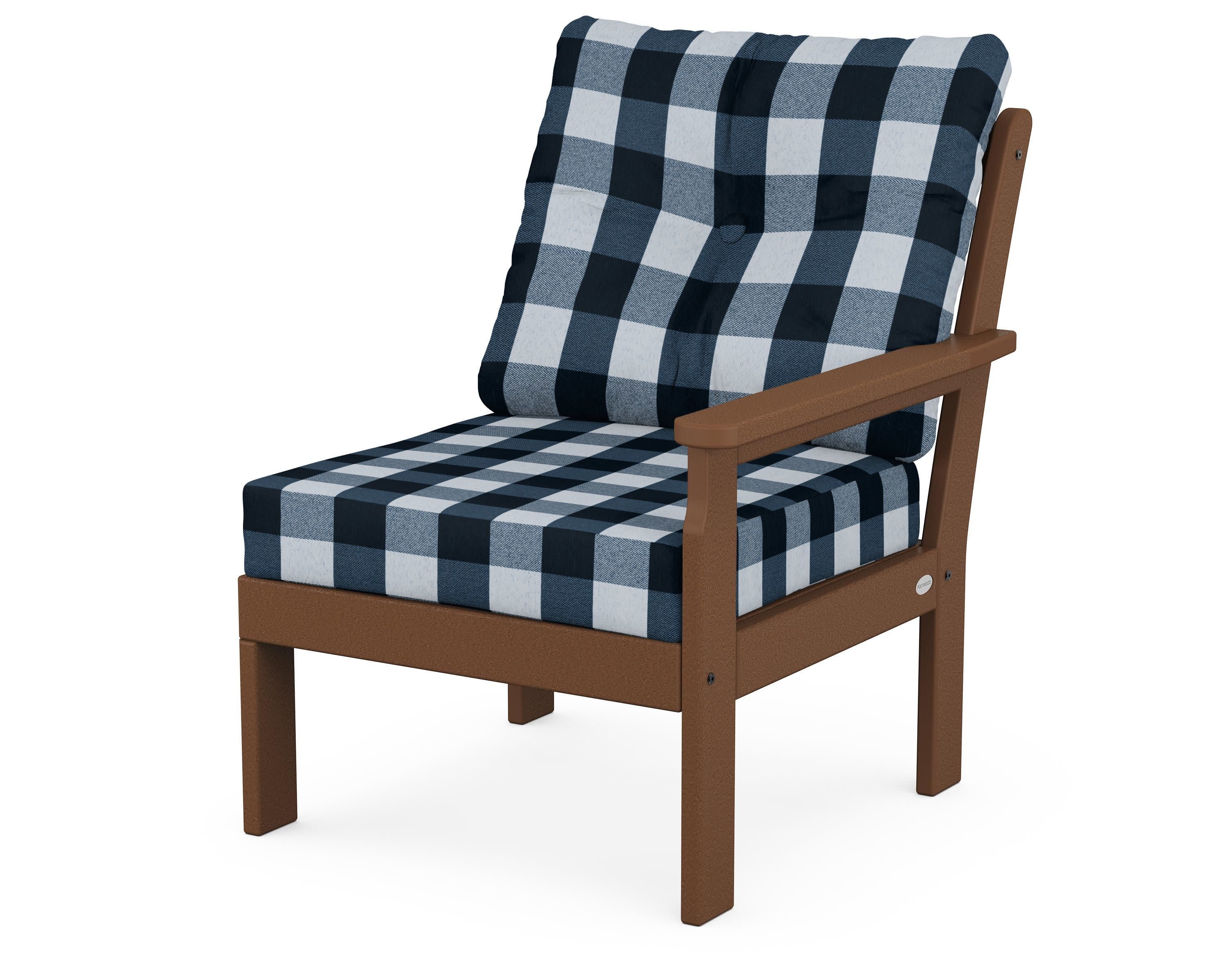 Vineyard Modular Right Arm Chair in Teak / Buffalo Plaid Marine Indigo