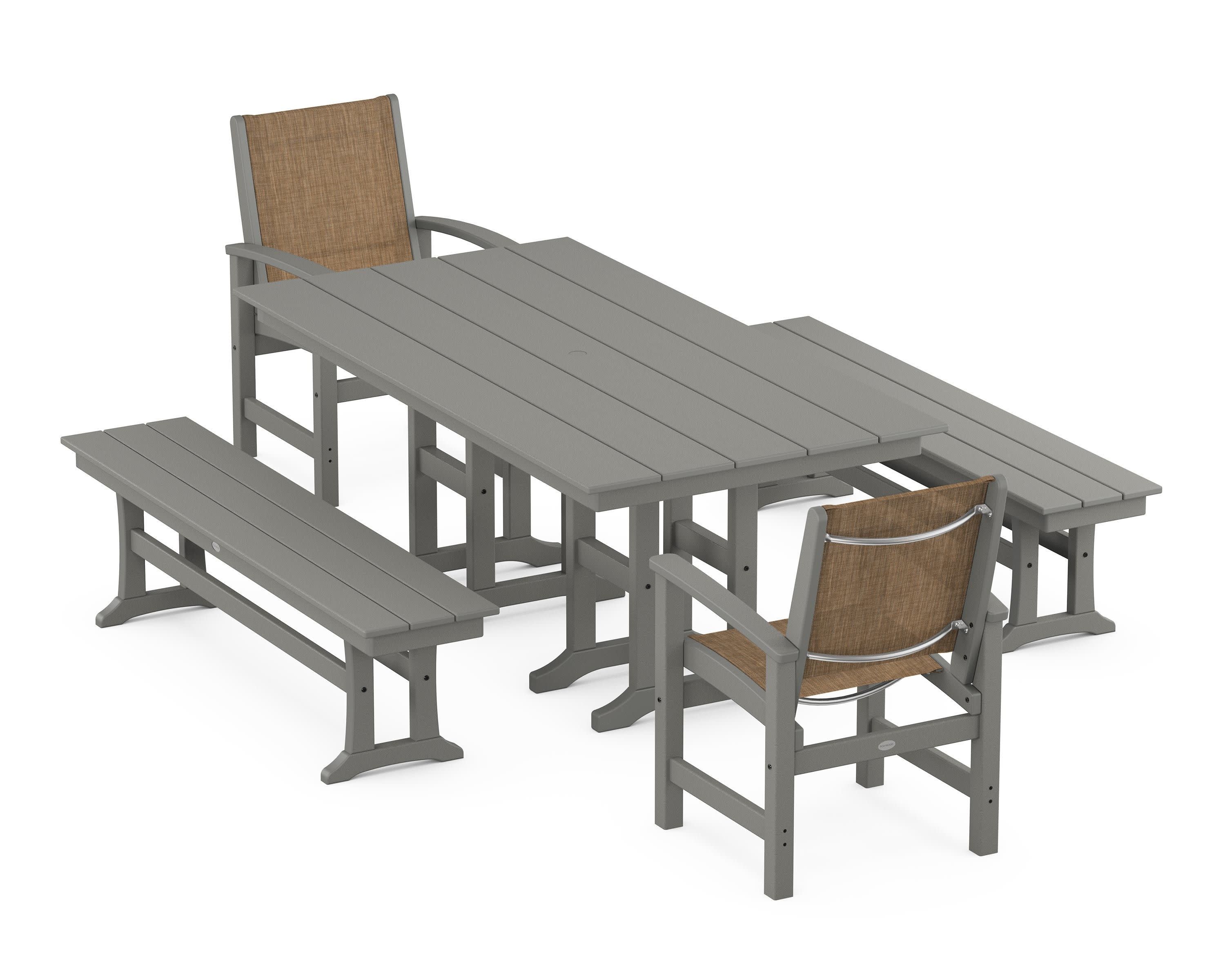Coastal 5-Piece Farmhouse Dining Set in Slate Grey / Burlap Sling