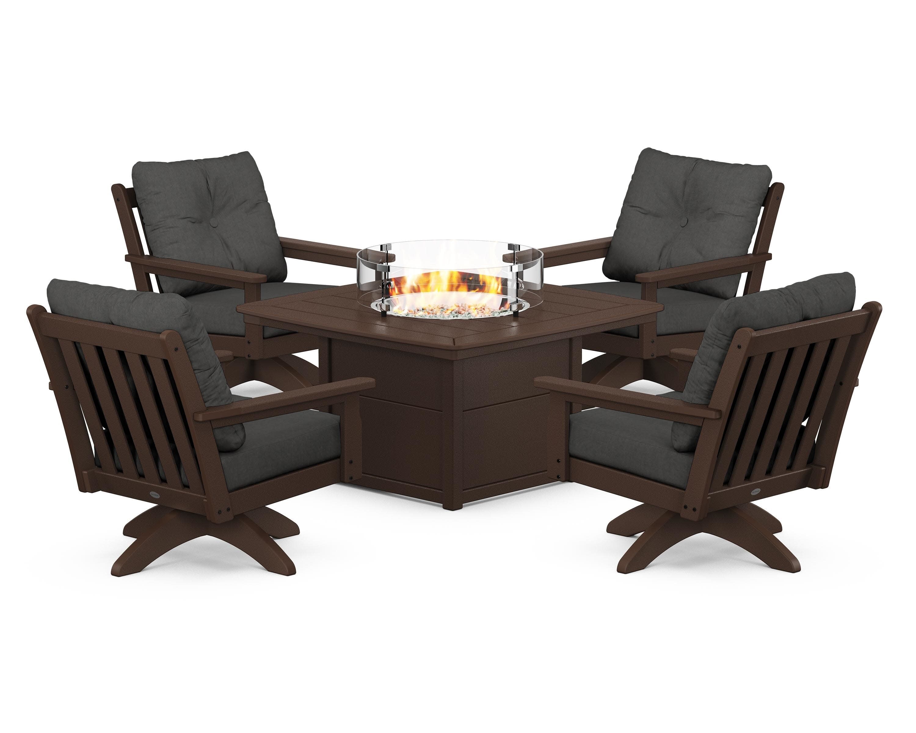 Vineyard 5-Piece Deep Seating Swivel Conversation Set with Fire Pit Table in Mahogany / Spectrum Carbon