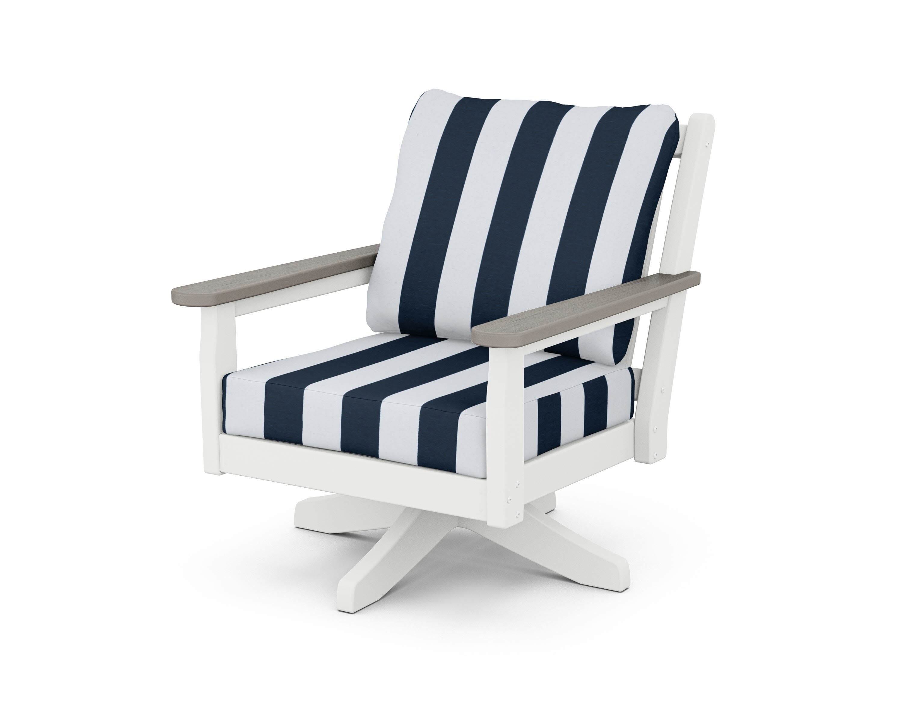 Chippendale Deep Seating Swivel Chair in White / Driftwood / Cabana Stripe Marine Indigo