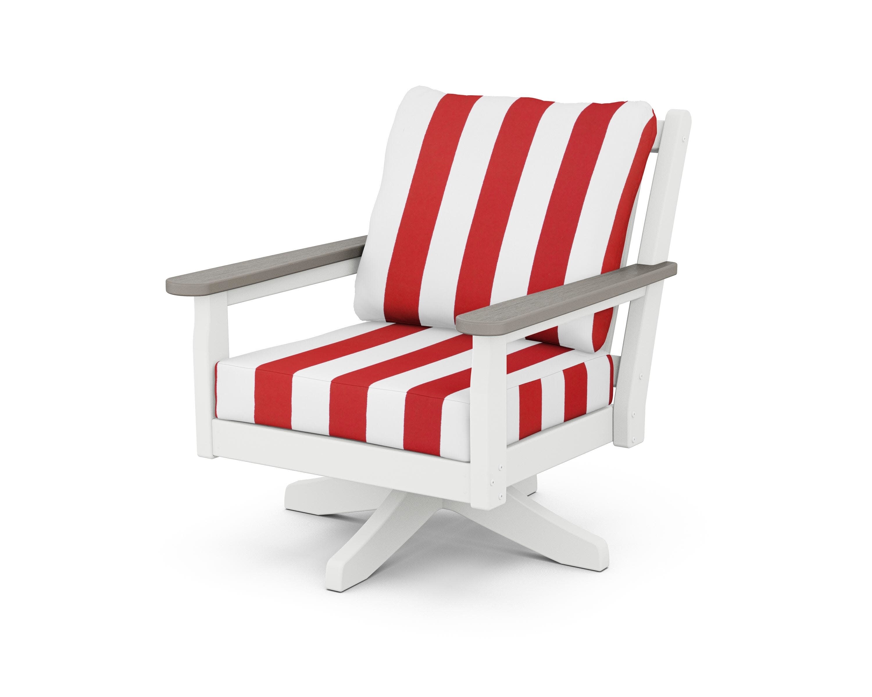 Chippendale Deep Seating Swivel Chair in White / Driftwood / Cabana Stripe Crimson