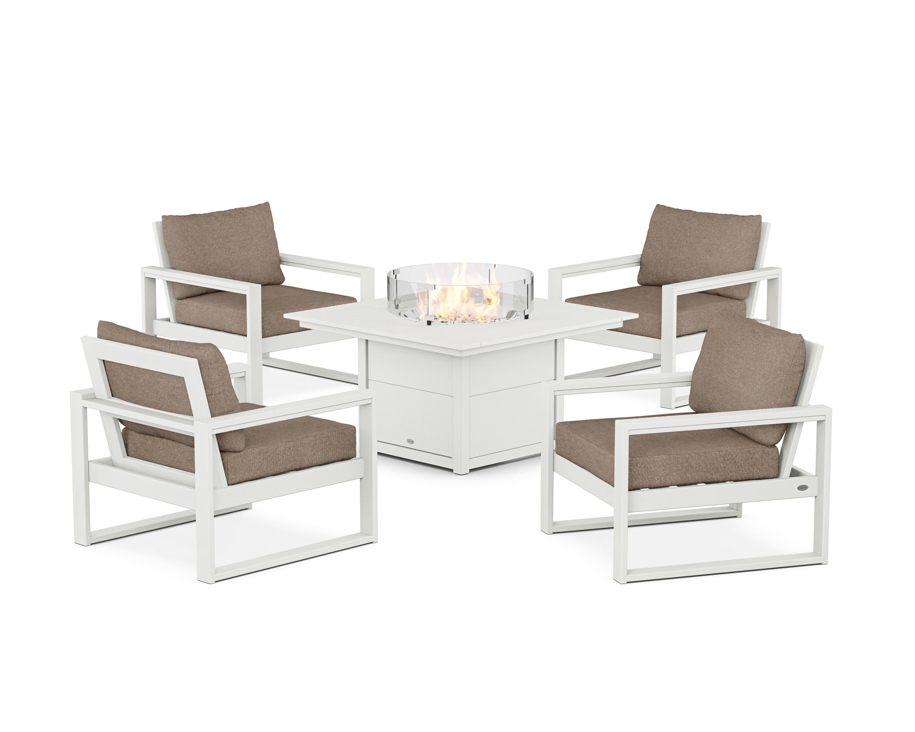 EDGE Sectional 5-Piece Deep Seating Set with Fire Pit Table in Vintage White / Spiced Burlap