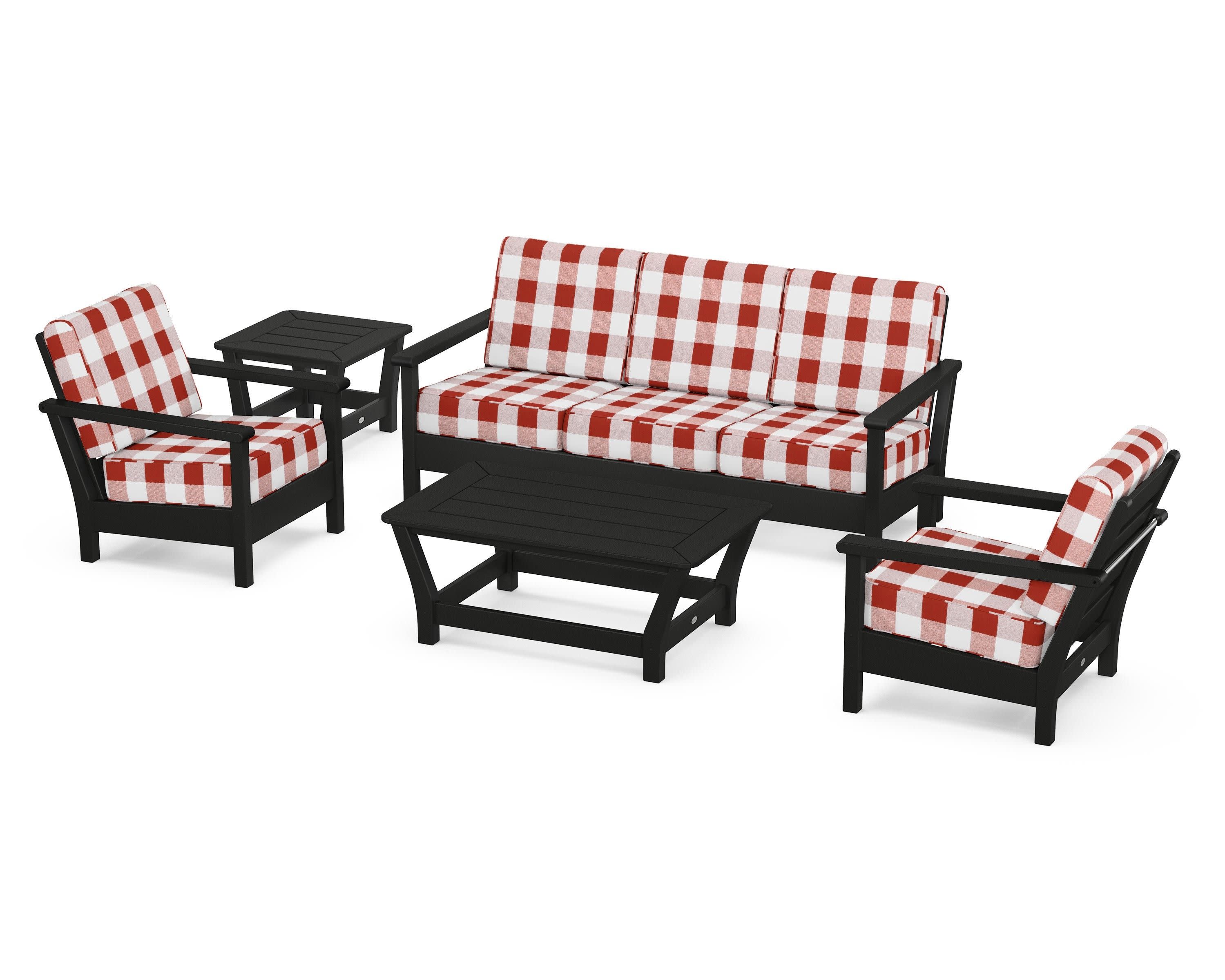 Harbour 5-Piece Deep Seating Set in Black / Buffalo Plaid Crimson