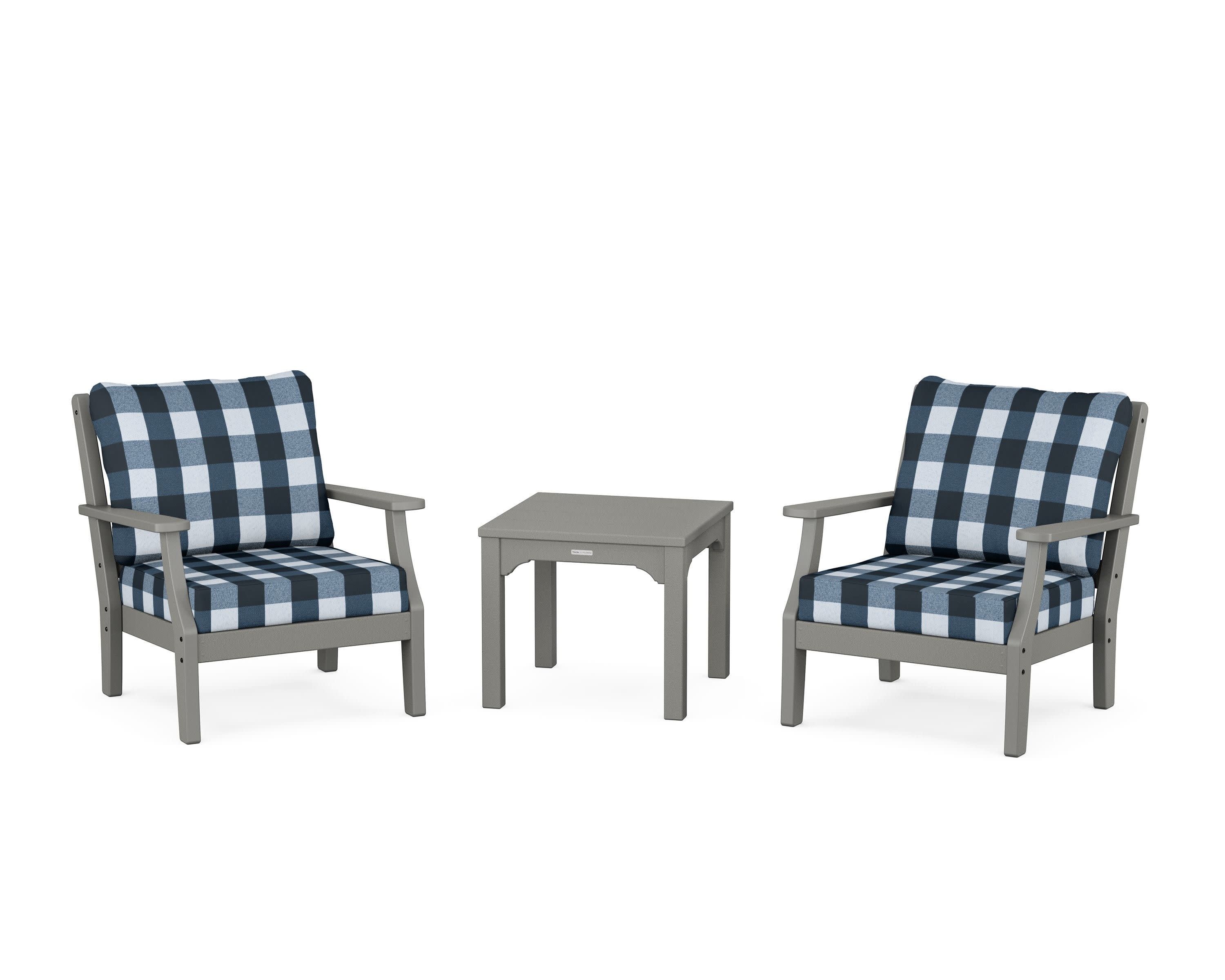 Chinoiserie 3-Piece Deep Seating Set in Slate Grey / Buffalo Plaid Marine Indigo