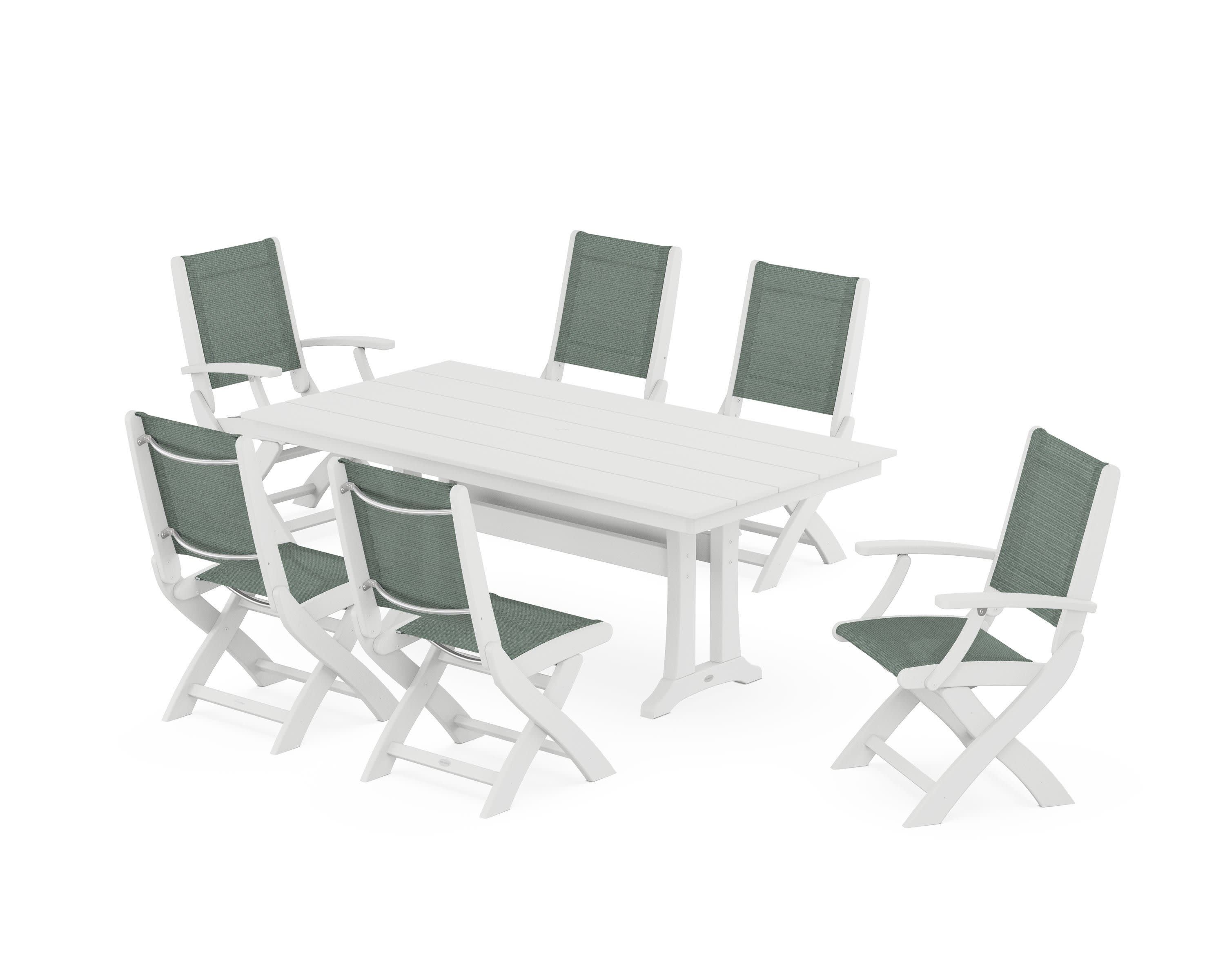 Coastal Folding Chair 7-Piece Farmhouse Dining Set with Trestle Legs in White / Dupioni Sea Mist Sling