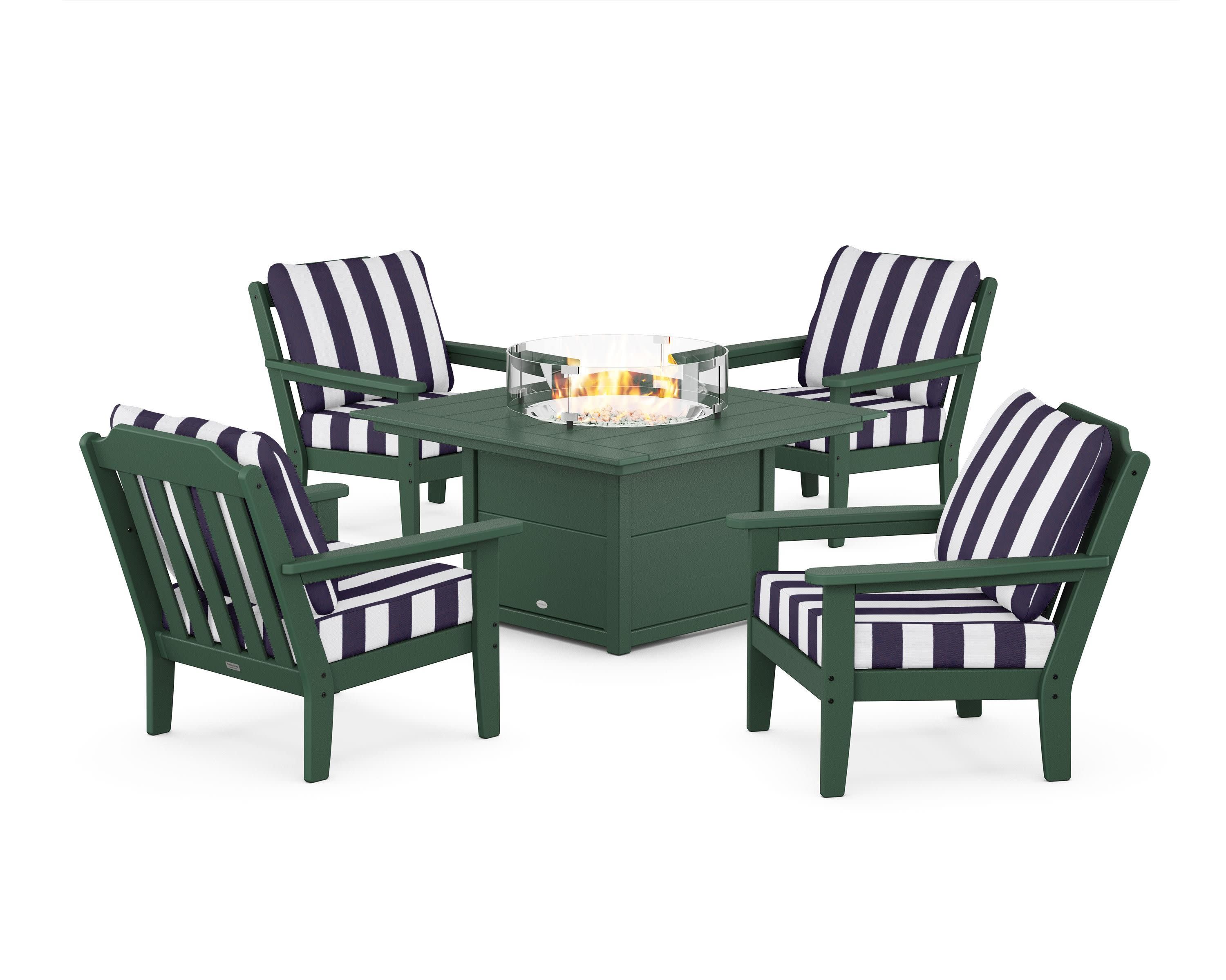 Cottage 5-Piece Deep Seating Set with Fire Pit Table in Green / Cabana Stripe Navy