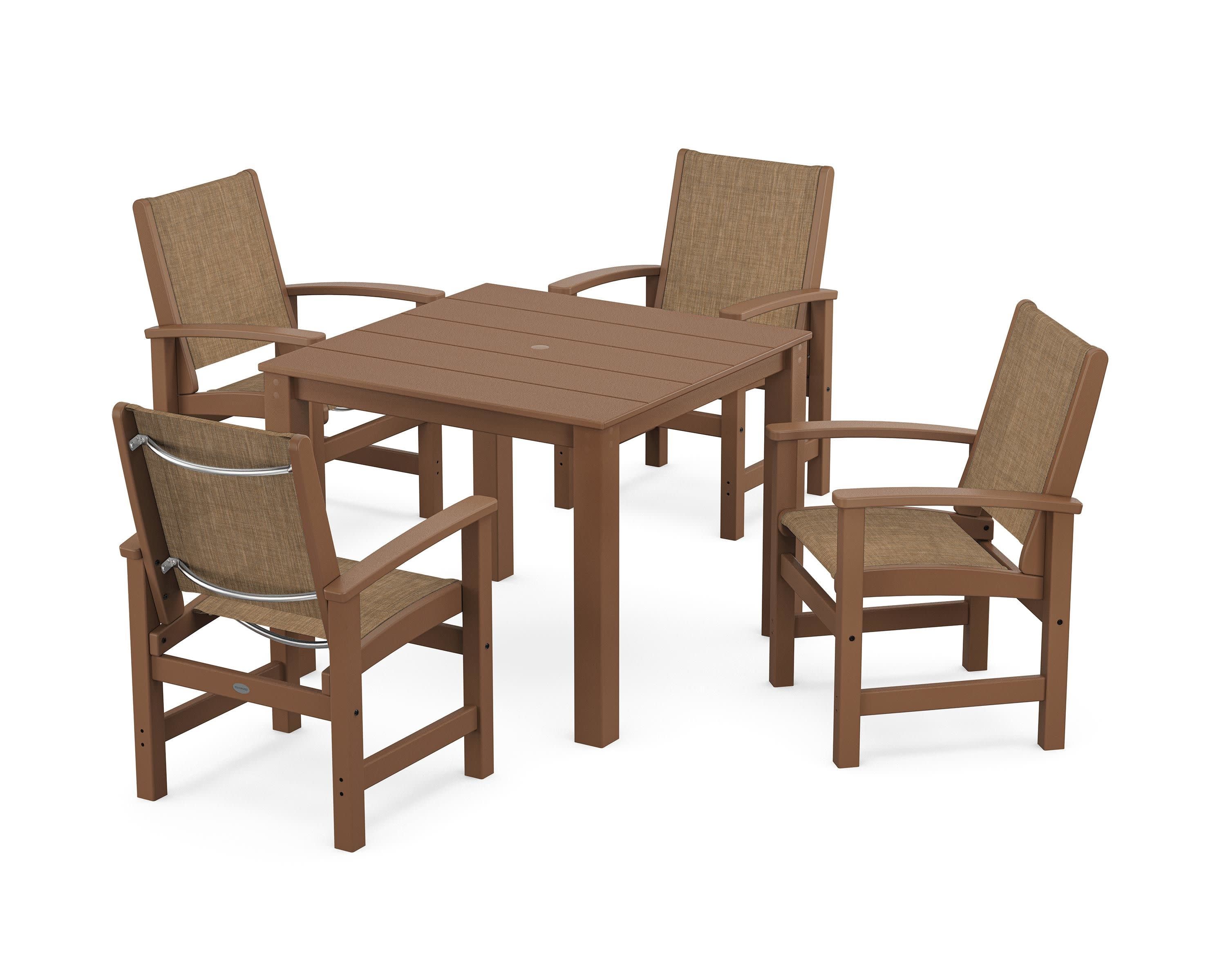 Coastal 5-Piece Parsons Dining Set in Teak / Burlap Sling