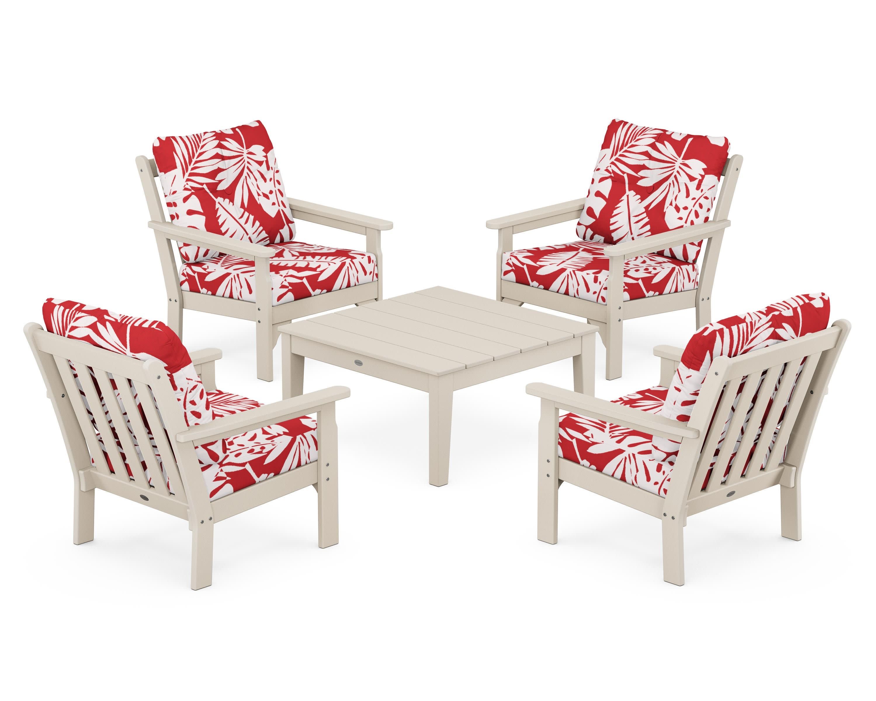 Vineyard 5-Piece Deep Seating Conversation Set in Sand / Leaf Crimson