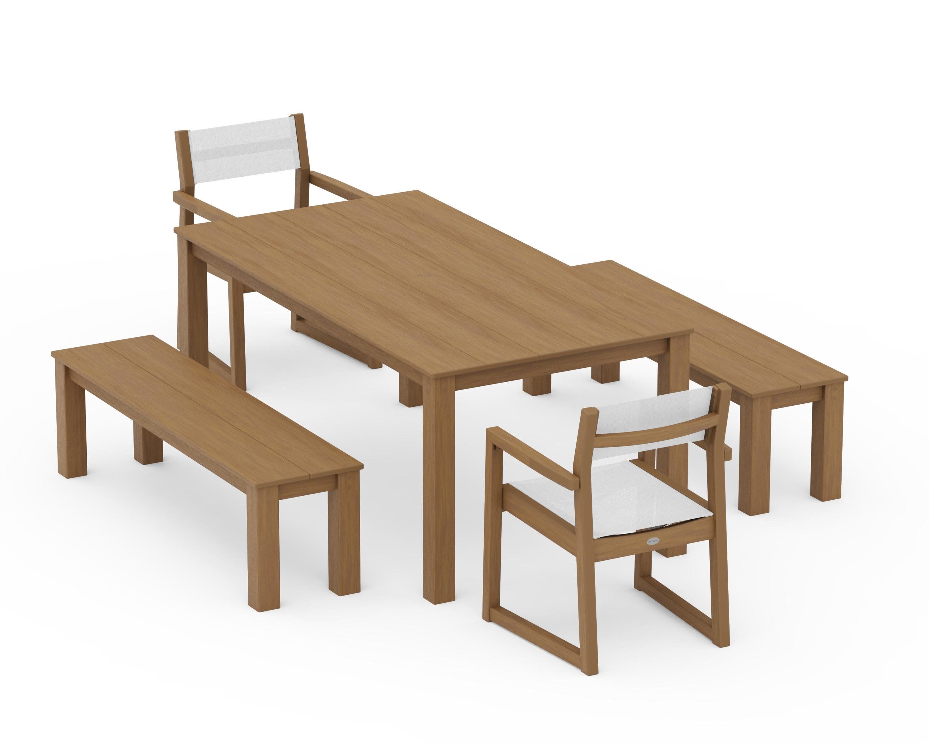 EDGE Sling Arm Chair 5-Piece Parsons Dining Set with Benches in Natural / White Sling