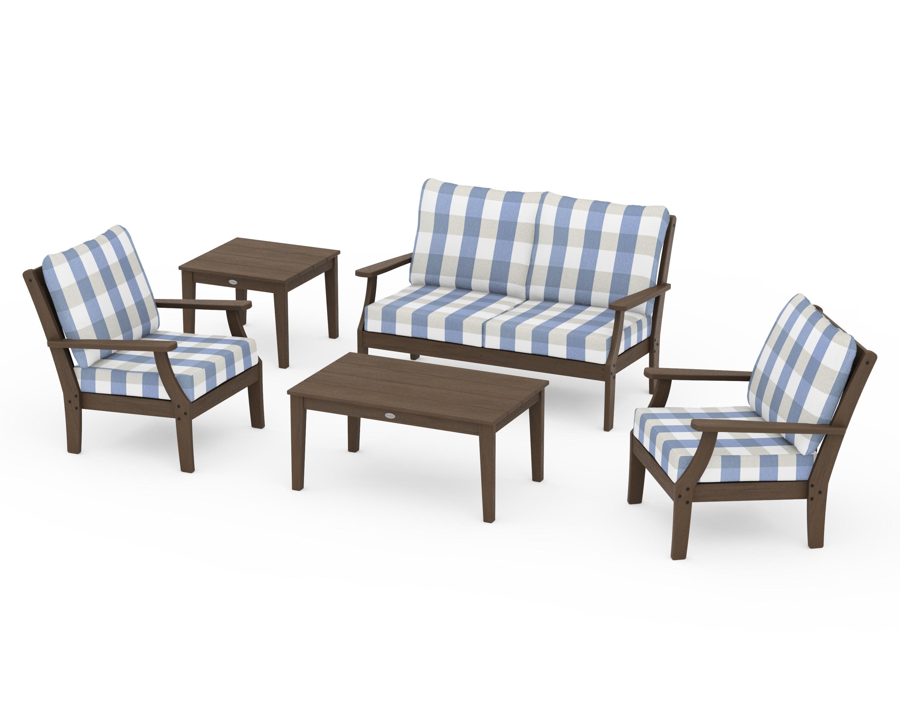 Braxton 5-Piece Deep Seating Set in Kona / Buffalo Plaid Sky Blue