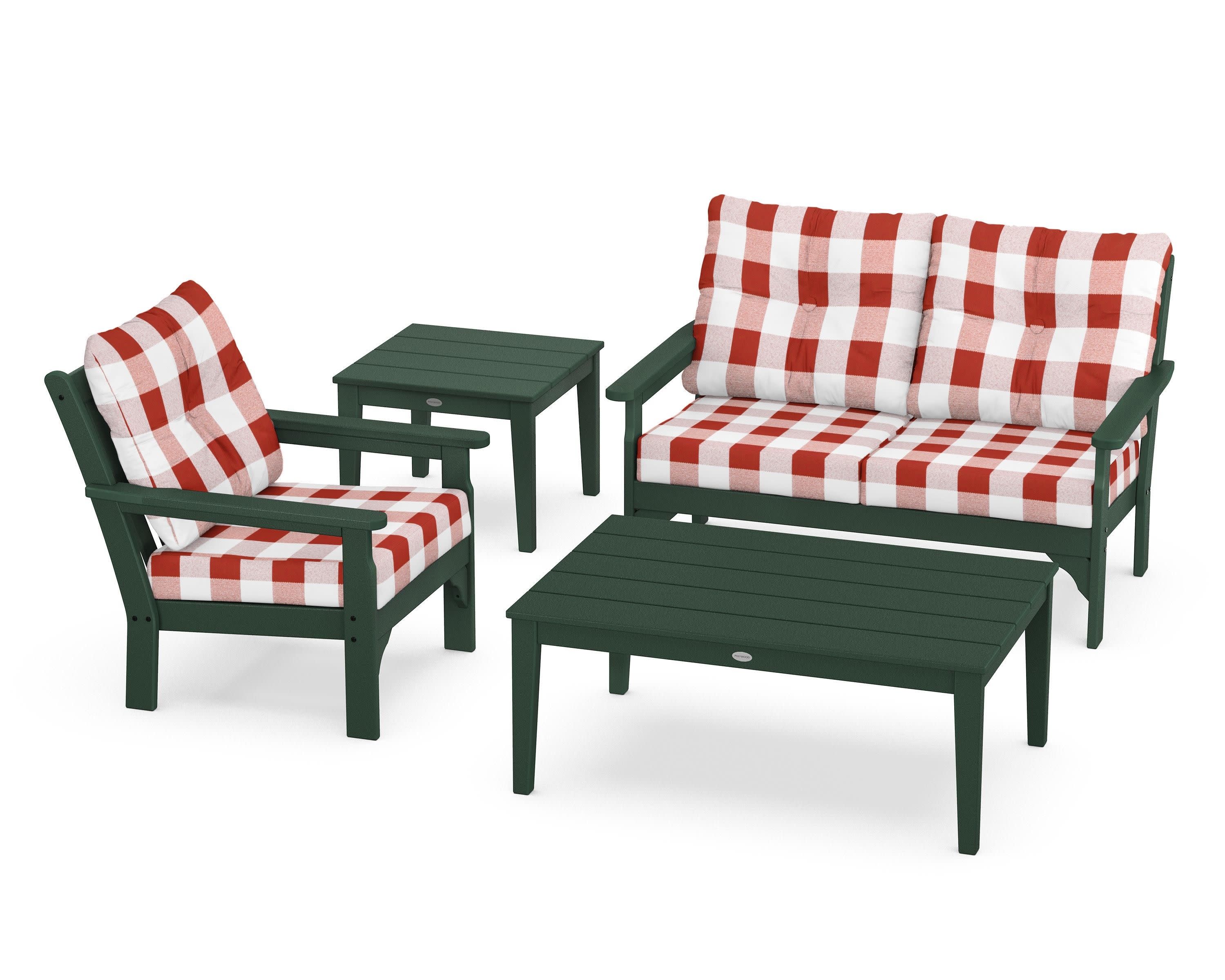 Vineyard 4-Piece Deep Seating Set in Green / Buffalo Plaid Crimson