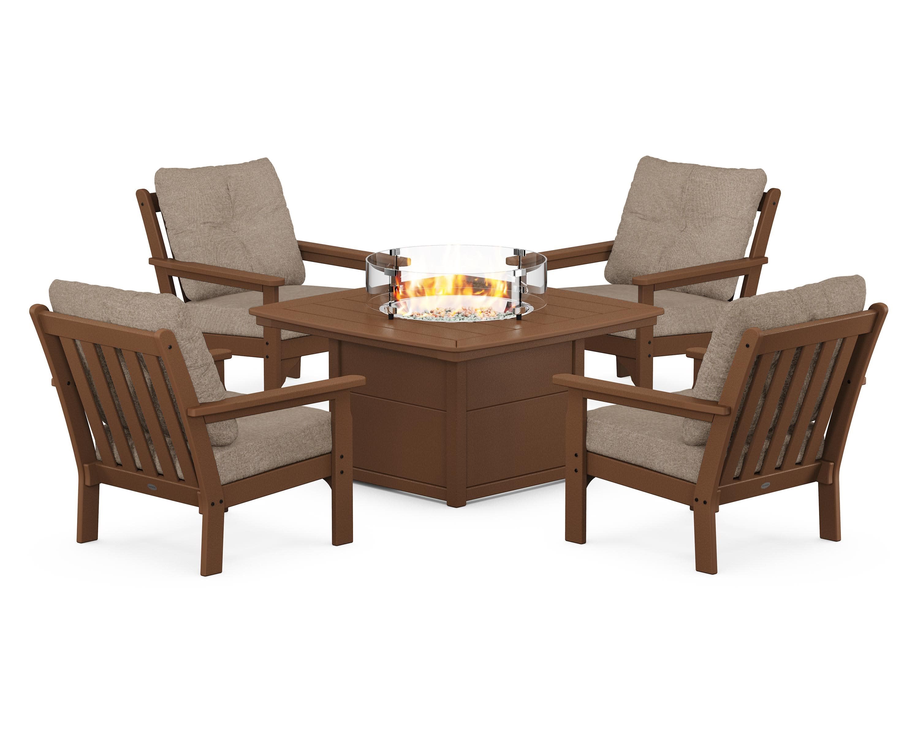 Vineyard 5-Piece Conversation Set with Fire Pit Table in Teak / Spiced Burlap