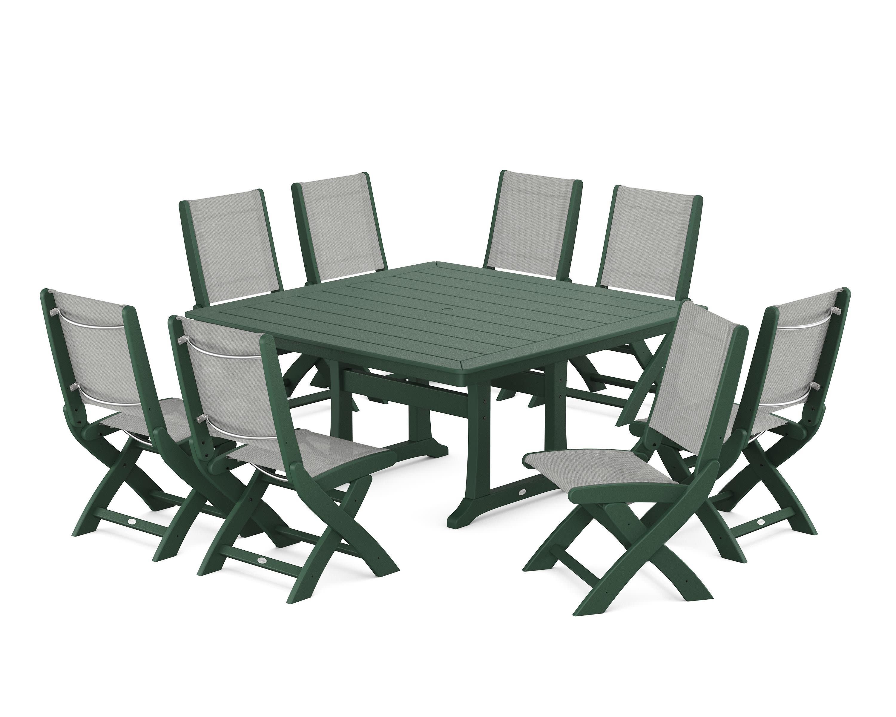 Coastal Folding Side Chair 9-Piece Dining Set with Trestle Legs in Green / Metallic Sling