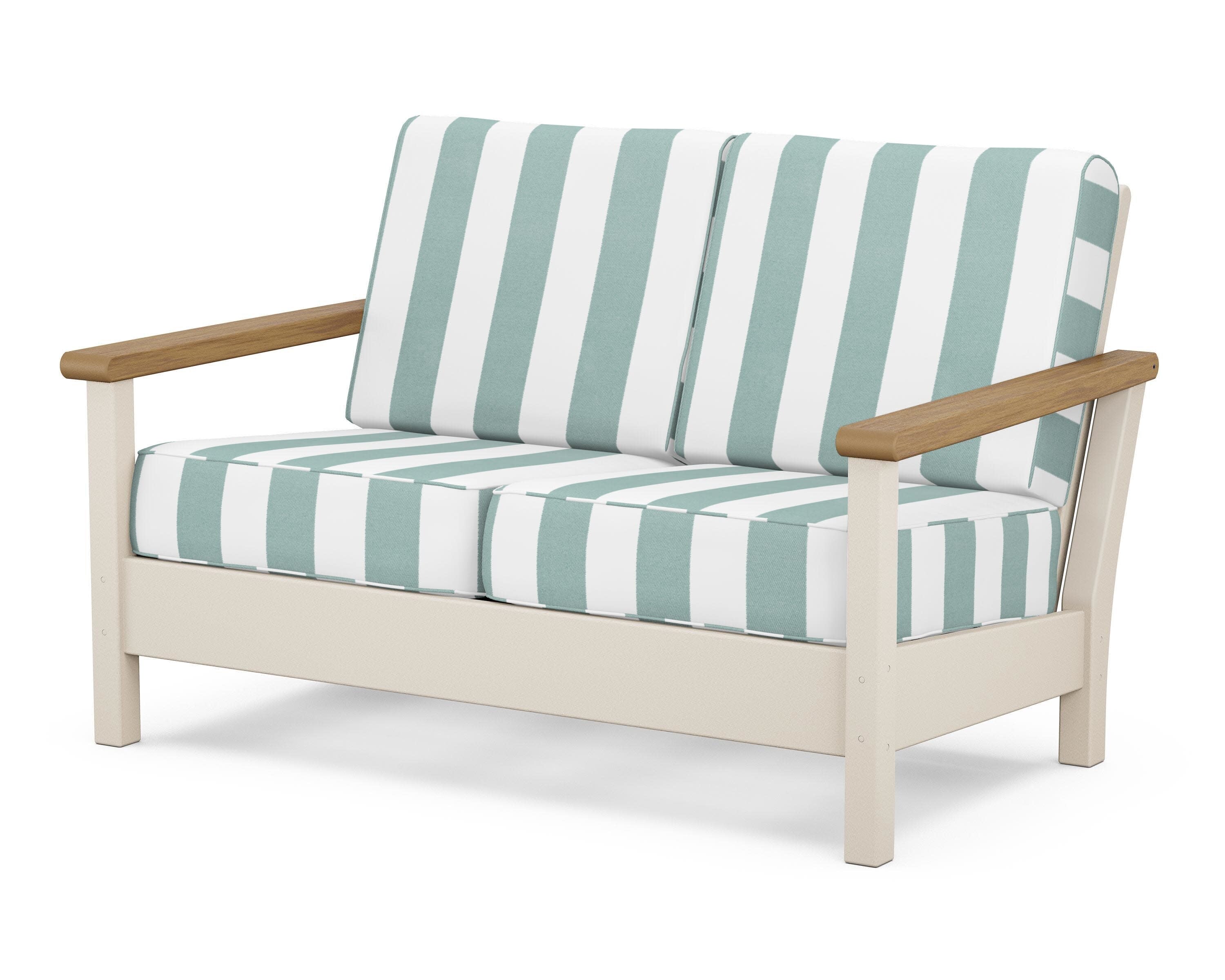 Harbour Deep Seating Loveseat in Sand / Natural / Cabana Stripe Glacier Spa
