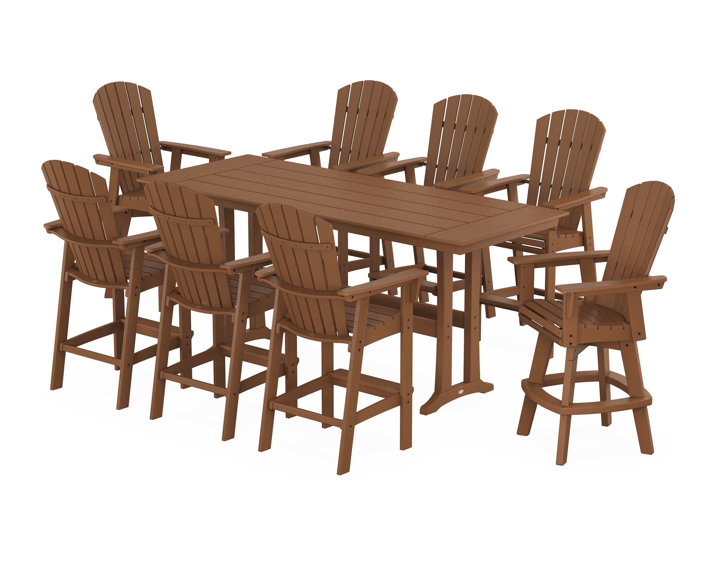 Nautical Curveback Adirondack Swivel Chair 9-Piece Farmhouse Bar Set with Trestle Legs in Teak