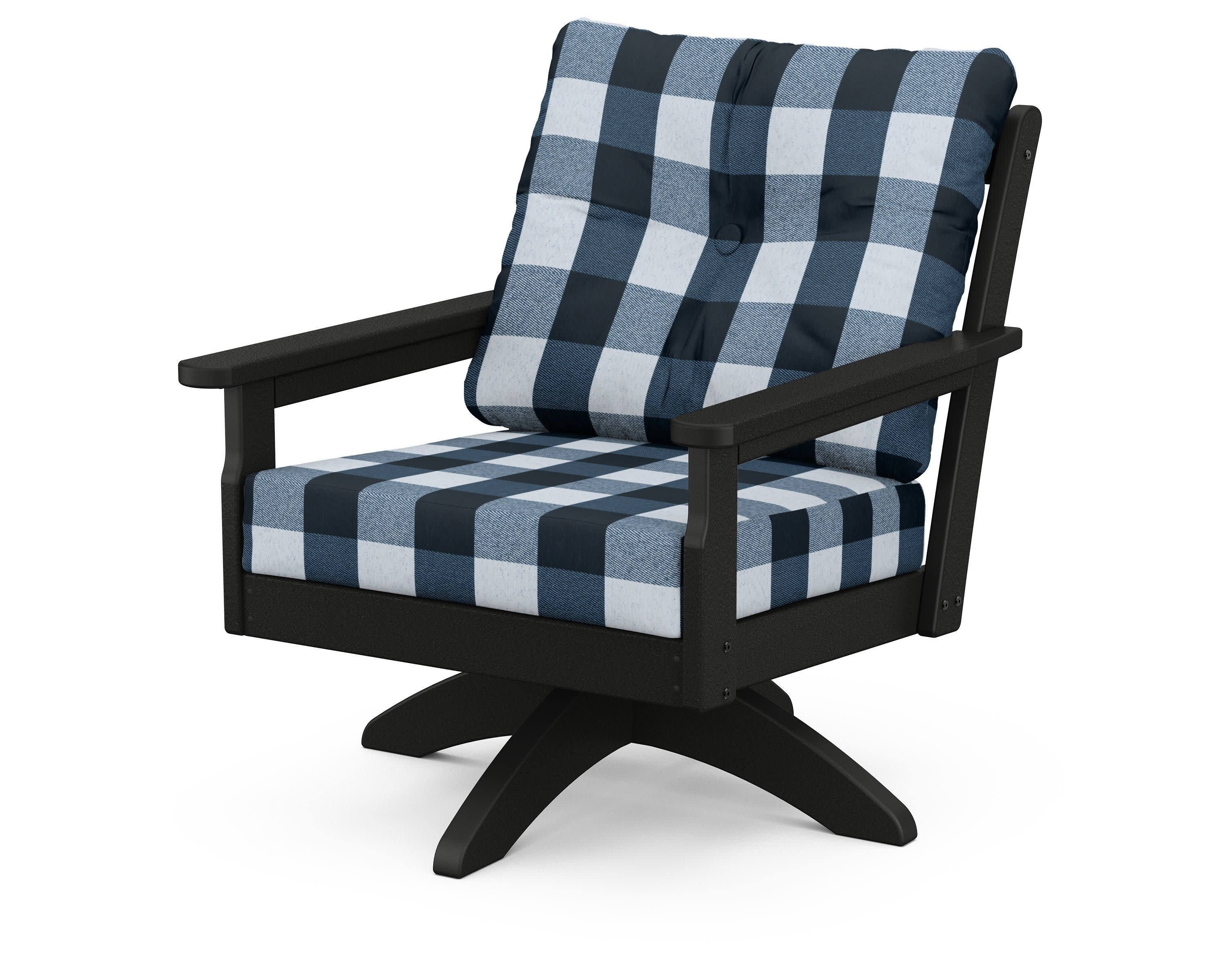 Vineyard Deep Seating Swivel Chair in Black / Buffalo Plaid Marine Indigo