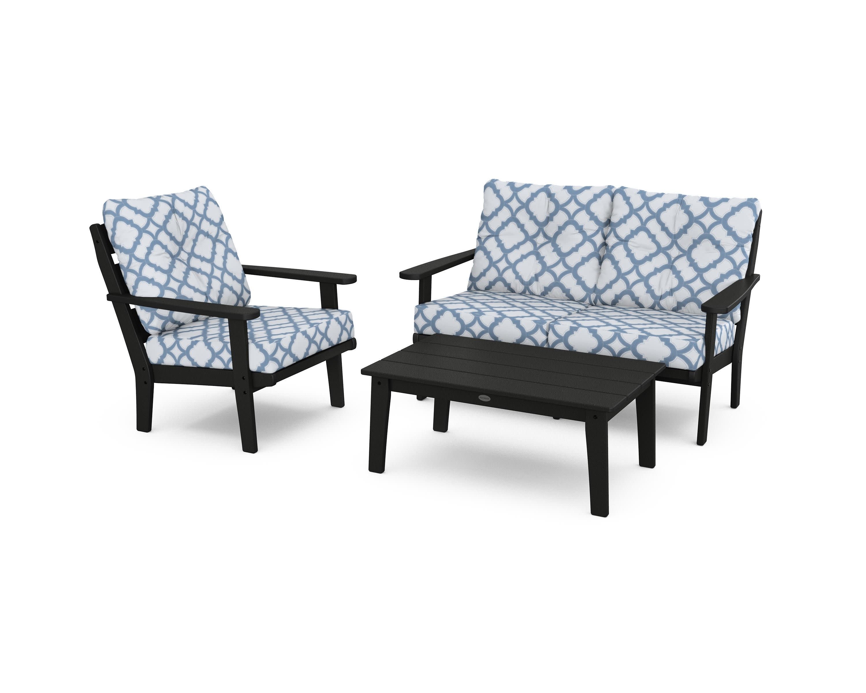 Lakeside 3-Piece Deep Seating Set in Black / Trellis Sky Blue
