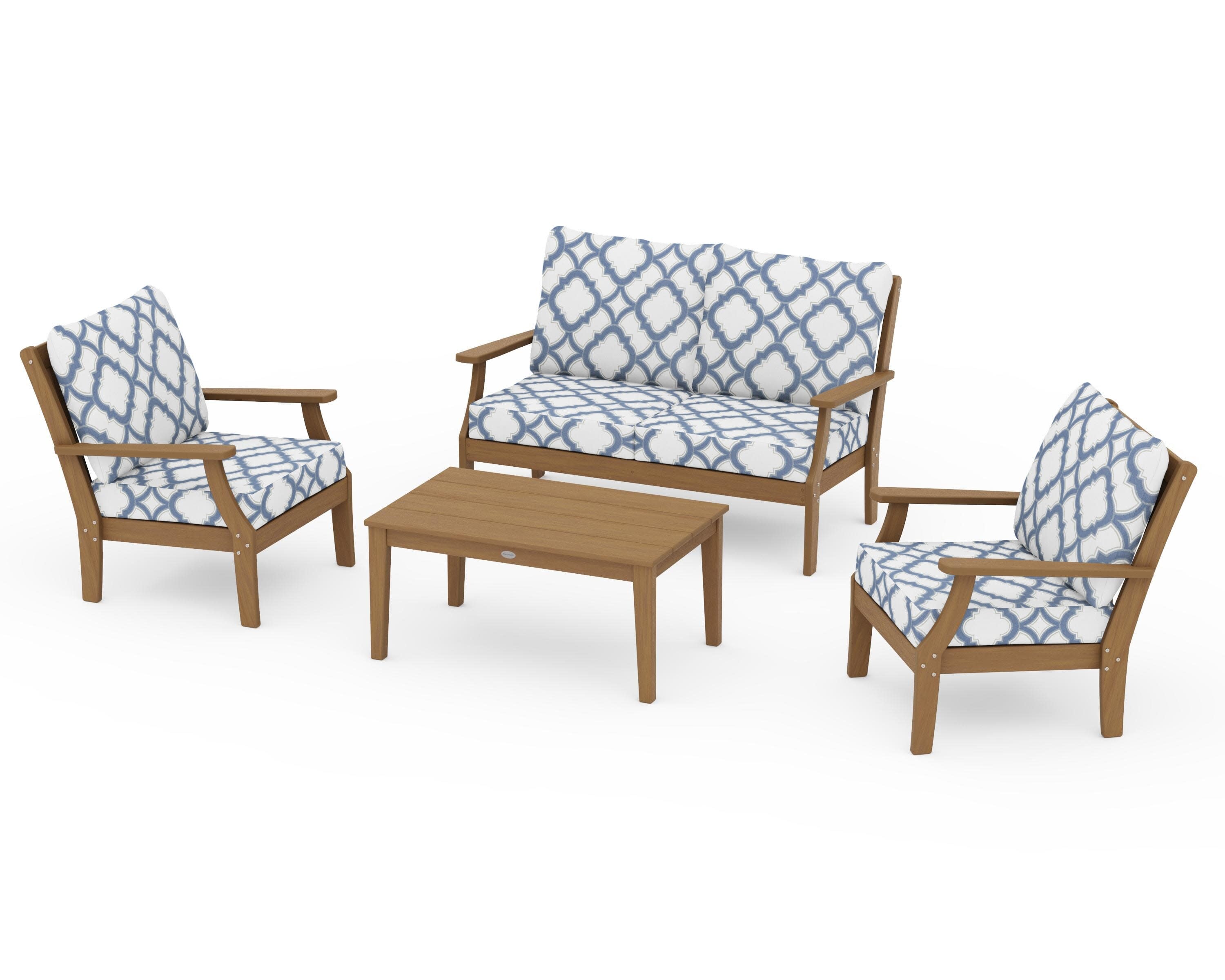 Braxton 4-Piece Deep Seating Chair Set in Natural / Trellis Sky Blue
