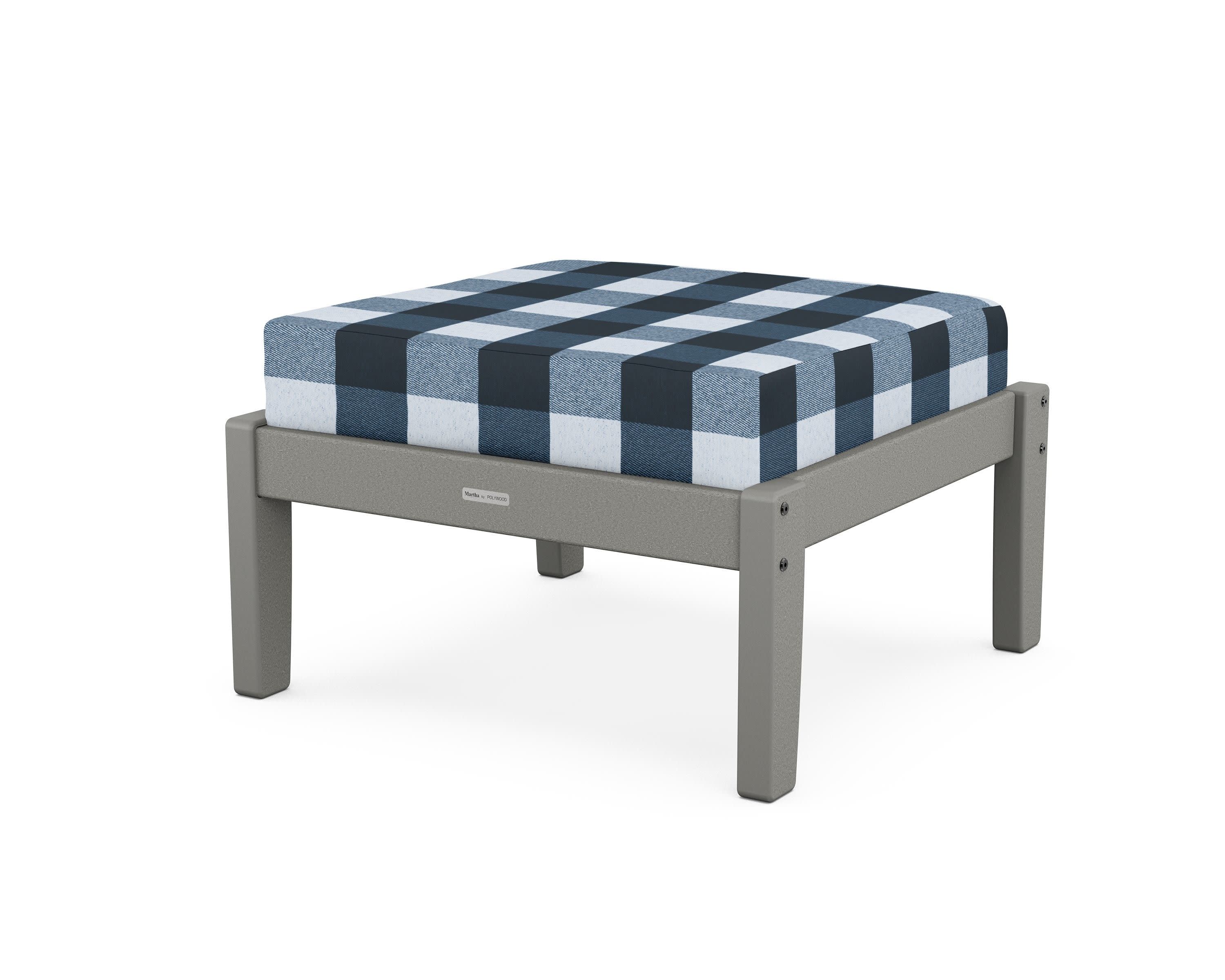 Chinoiserie Deep Seating Ottoman in Slate Grey / Buffalo Plaid Marine Indigo