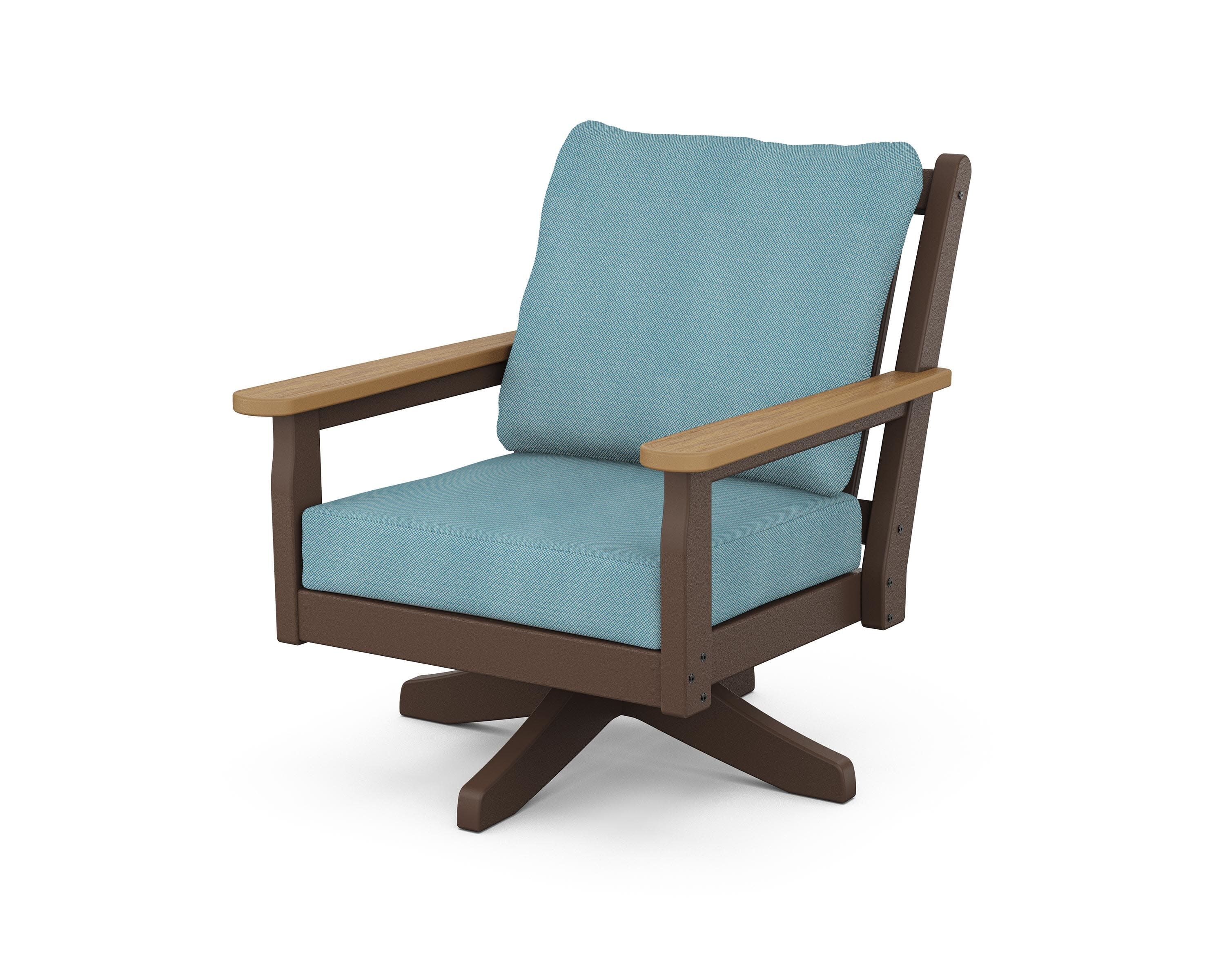 Chippendale Deep Seating Swivel Chair in Mahogany / Natural / Lattice Sky Blue