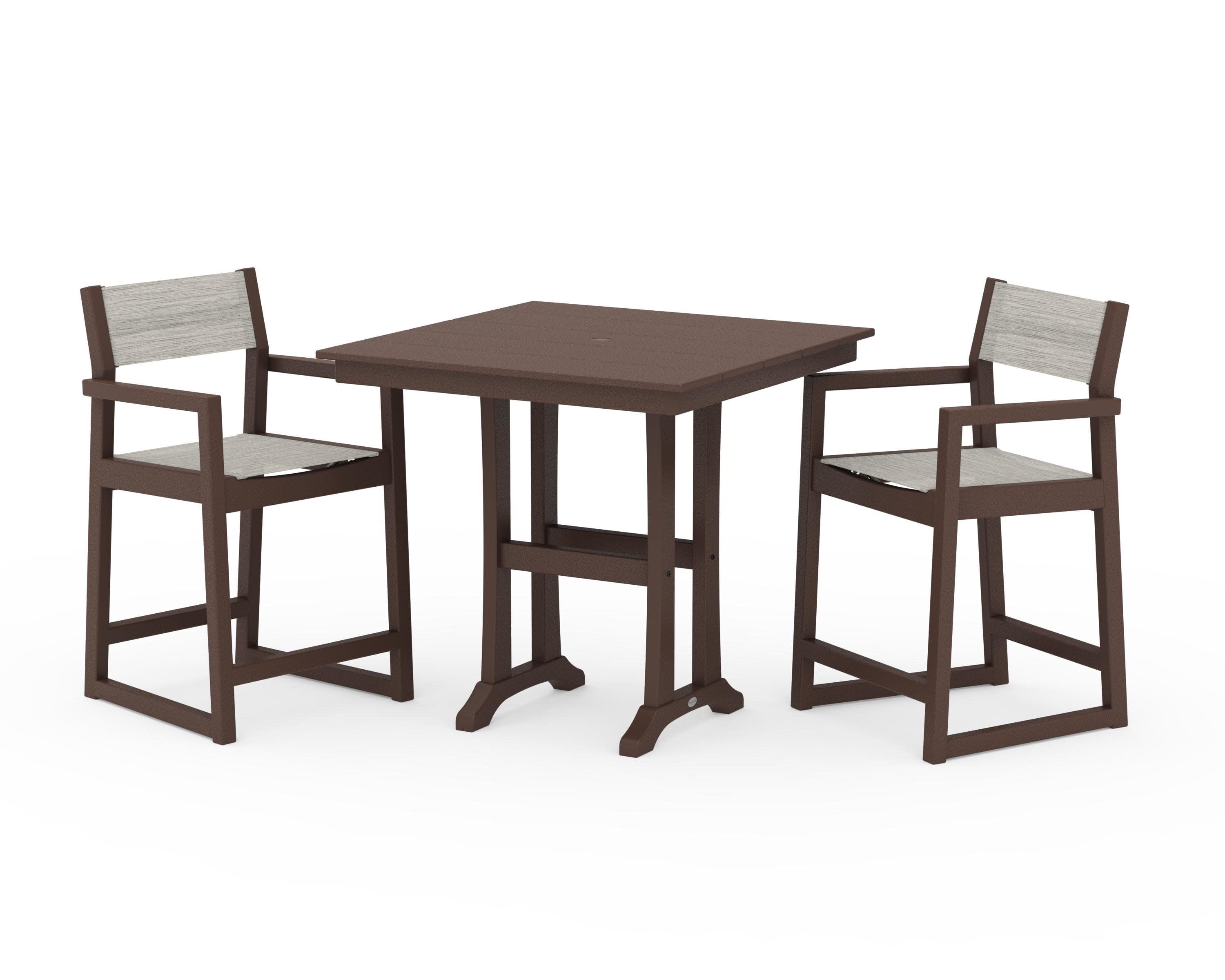 EDGE Sling Arm Chair 3-Piece Farmhouse Counter Set with Trestle Legs in Mahogany / Birch Sling