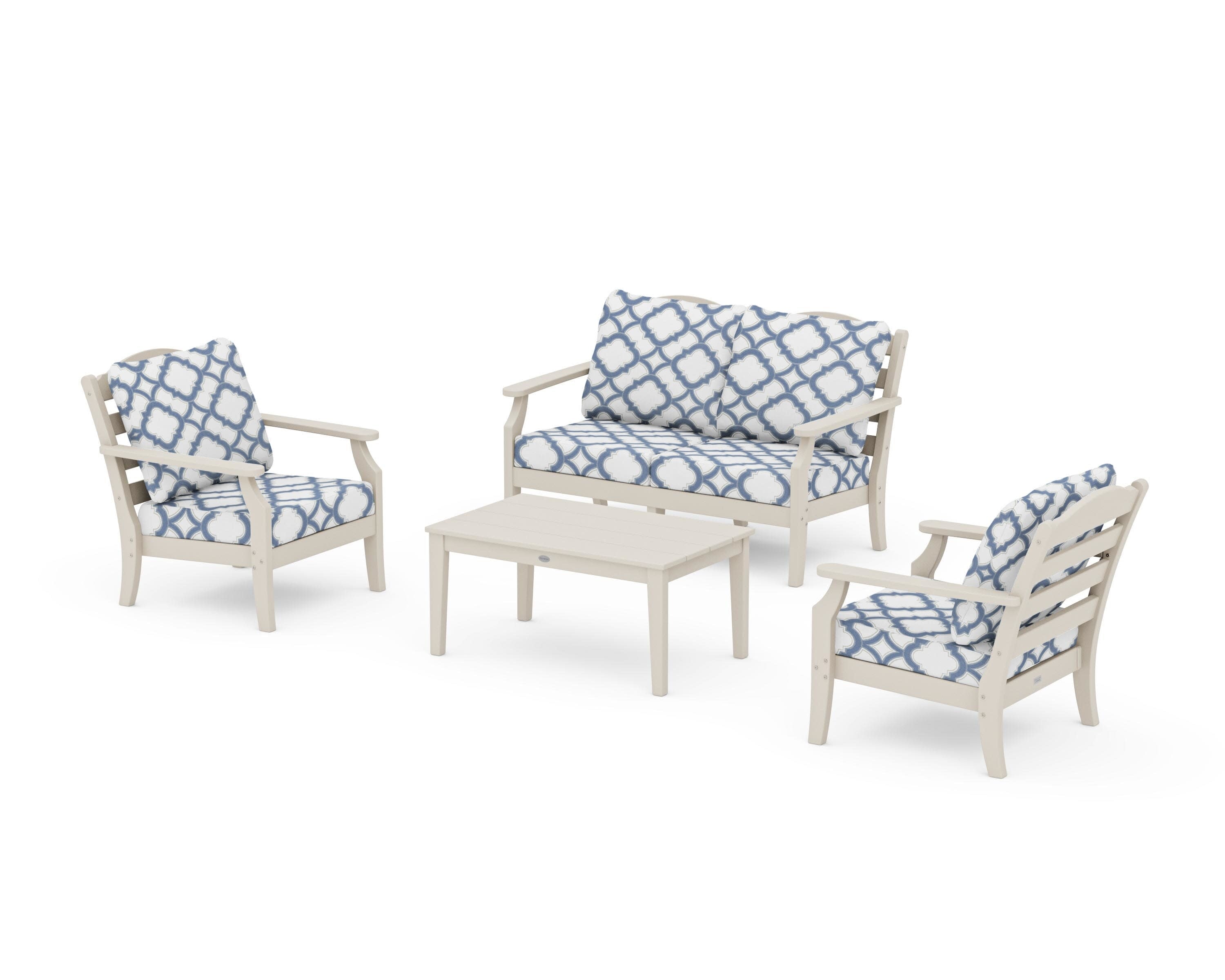 Savannah 4-Piece Deep Seating Set with Loveseat in Sand / Trellis Sky Blue