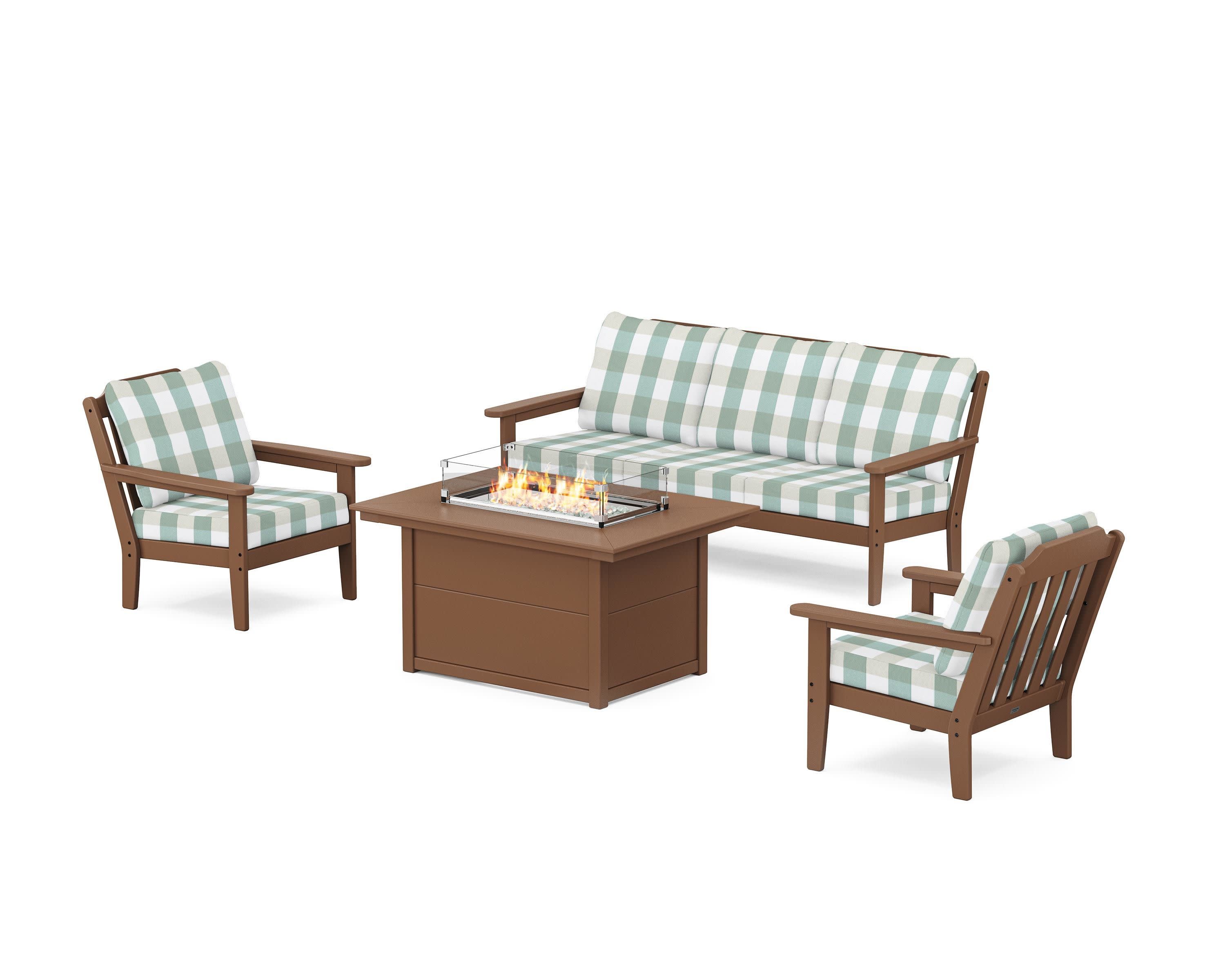 Cottage Deep Seating Fire Pit Table Set in Teak / Buffalo Plaid Glacier Spa
