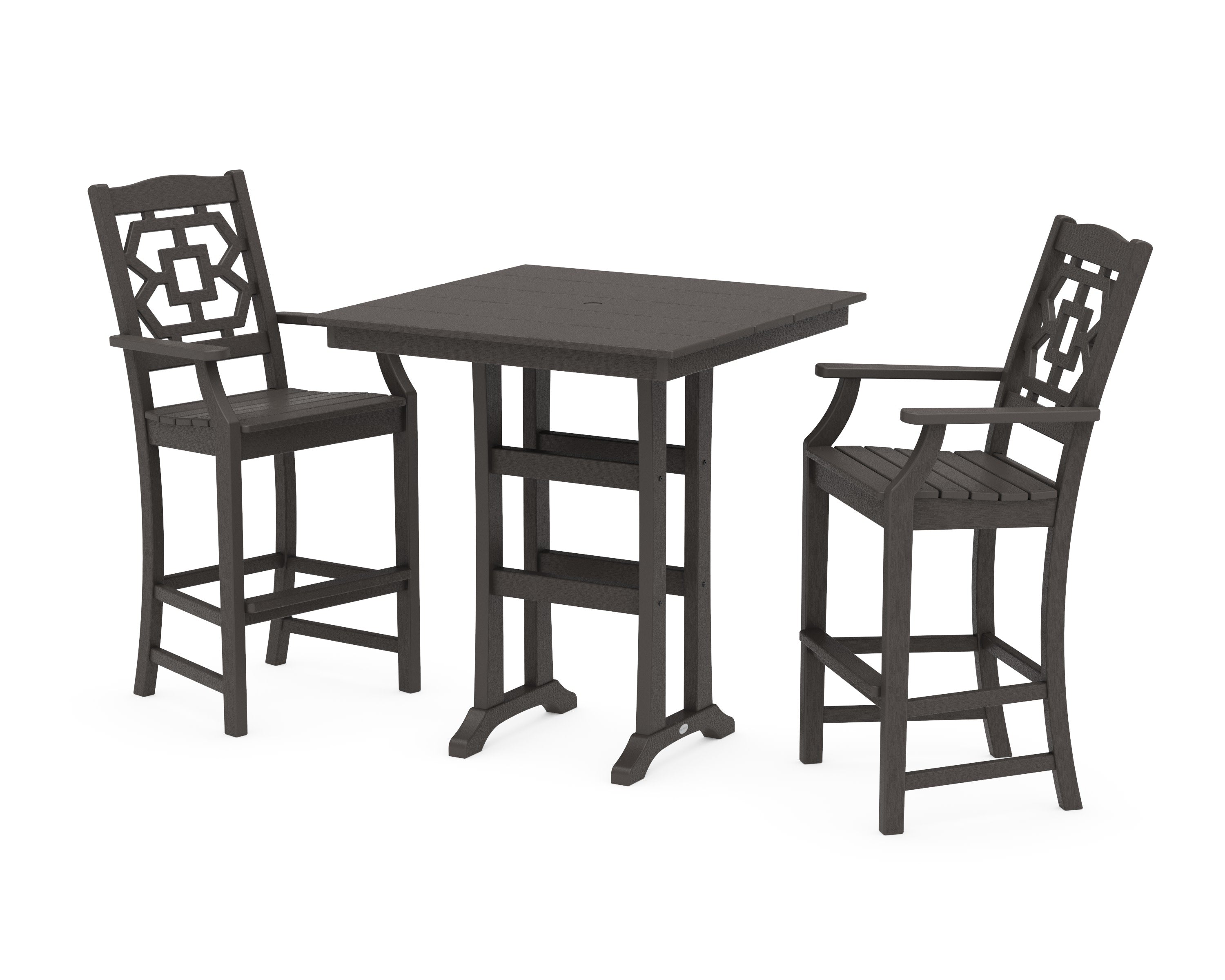 Chinoiserie 3-Piece Farmhouse Bar Set with Trestle Legs in Vintage Coffee