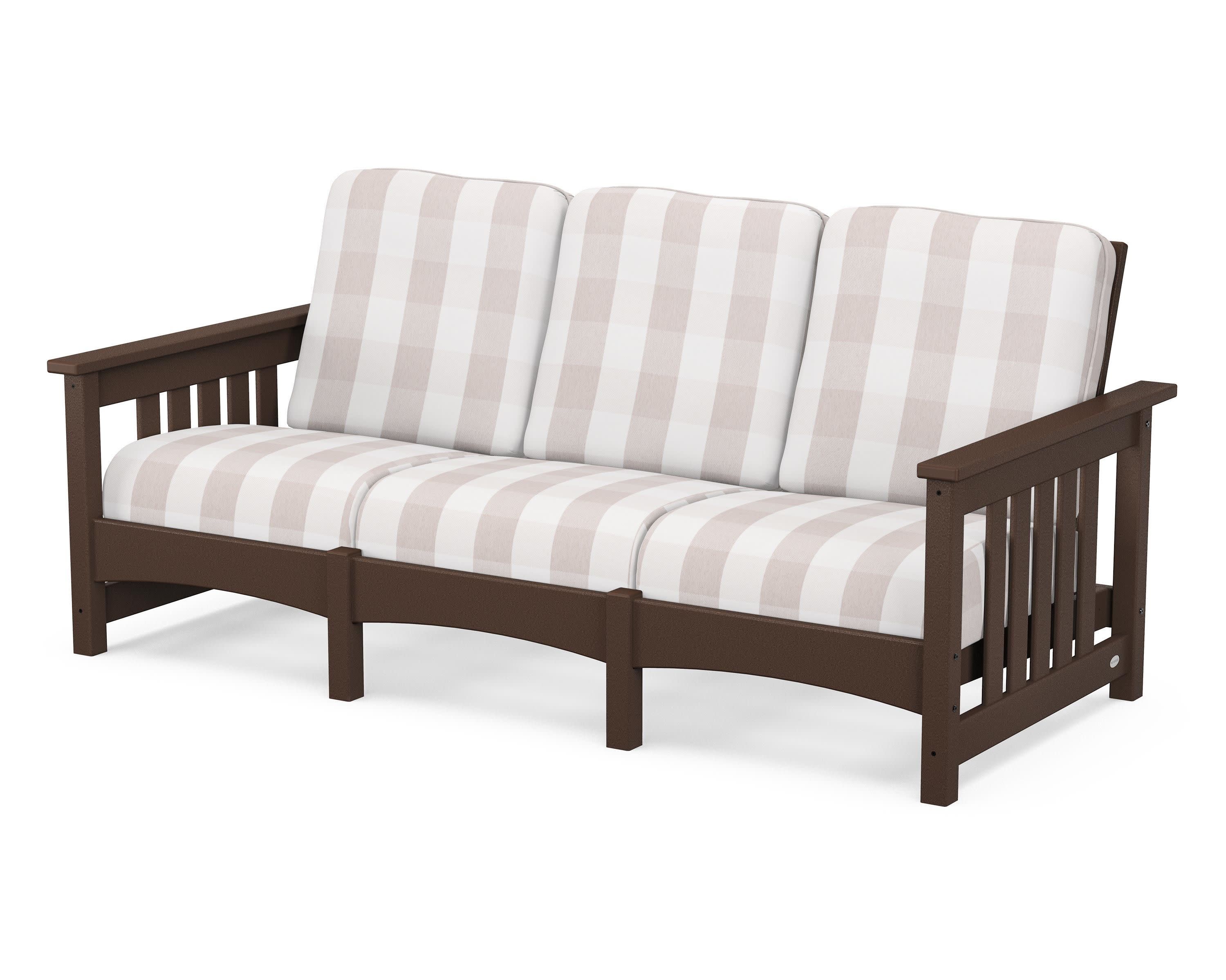 Club Mission Sofa in Mahogany / Buffalo Plaid Dune Burlap