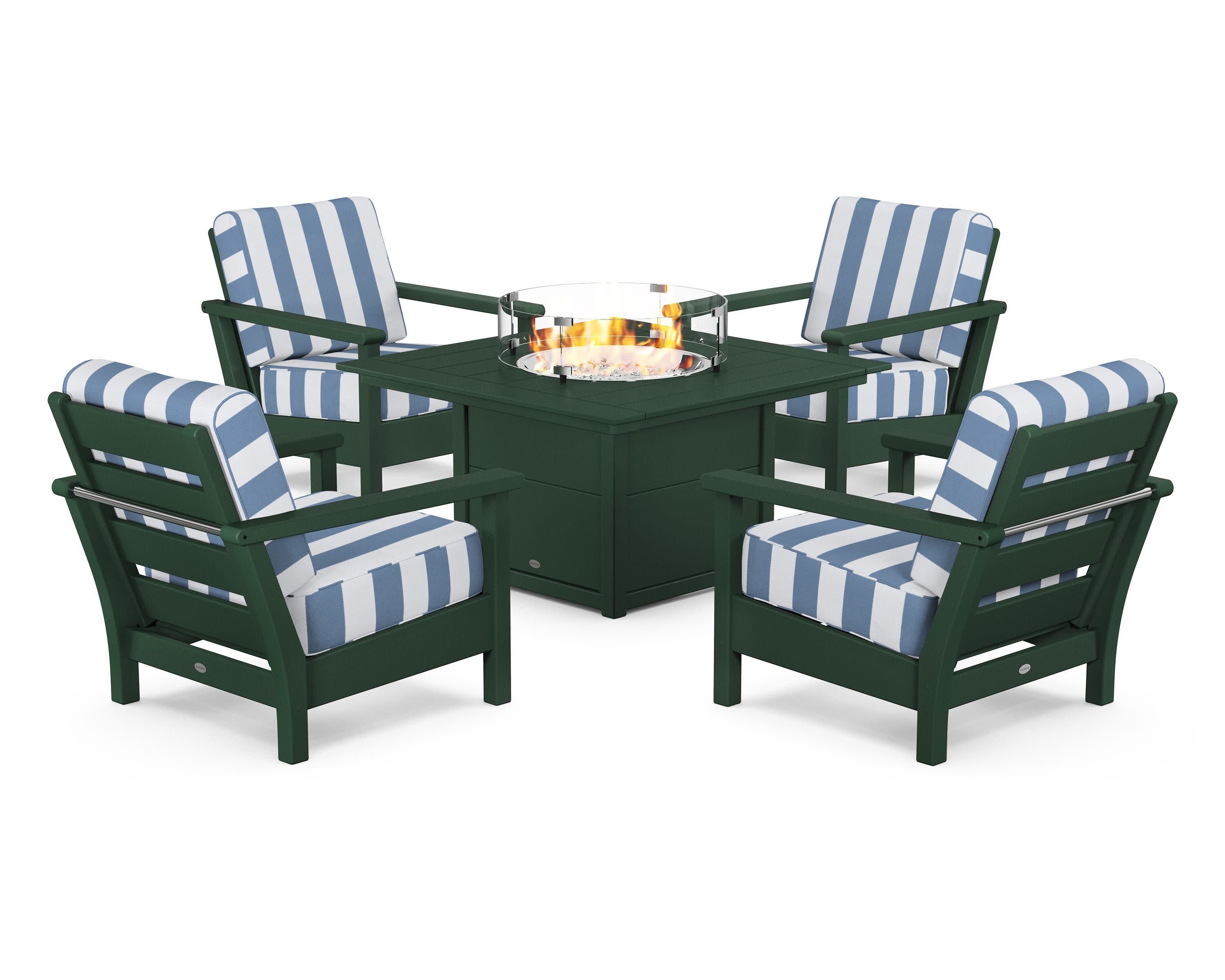 Harbour 5-Piece Conversation Set with Fire Pit Table in Green / Cabana Stripe Sky Blue