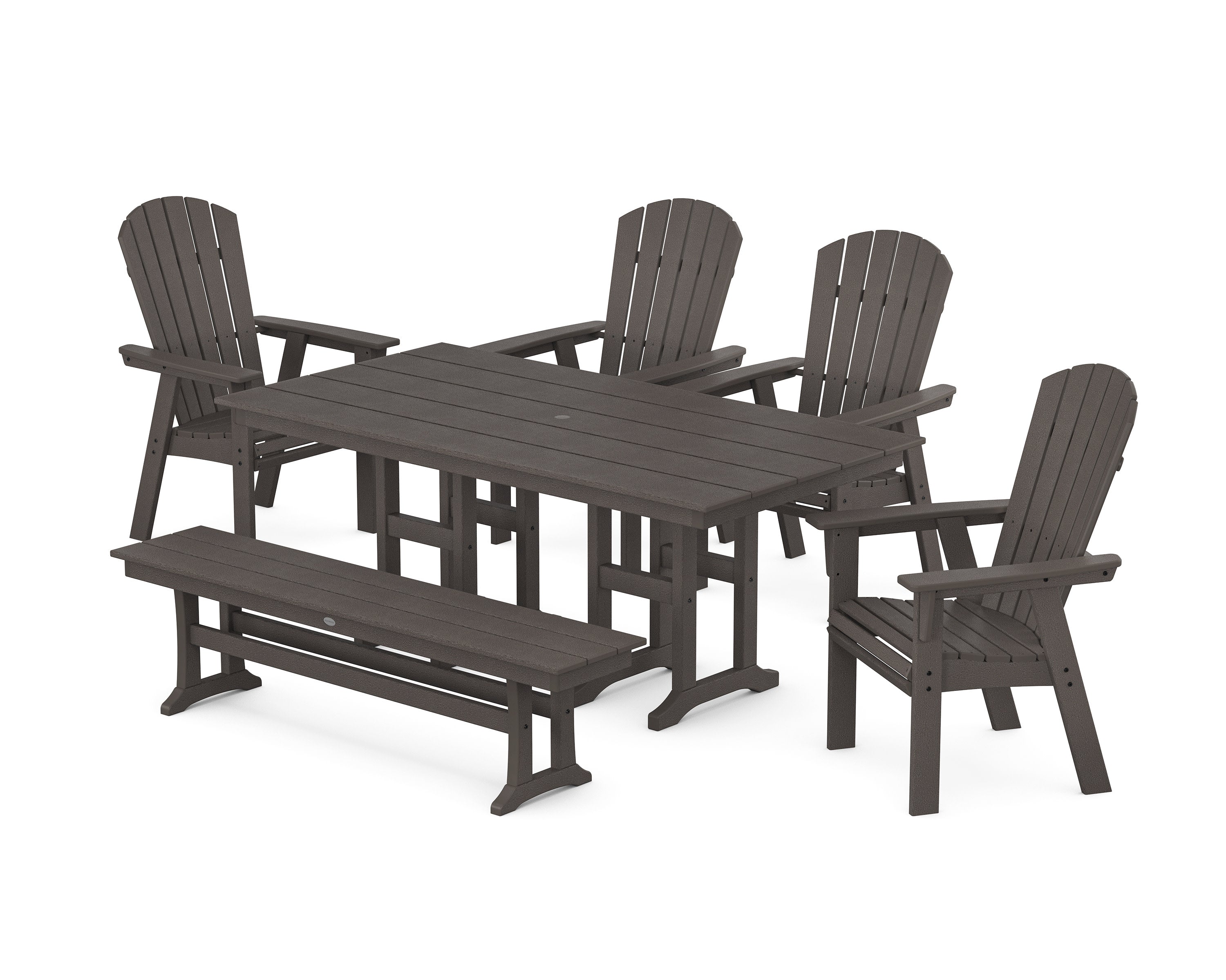 Nautical Curveback Adirondack 6-Piece Farmhouse Dining Set with Bench in Vintage Coffee