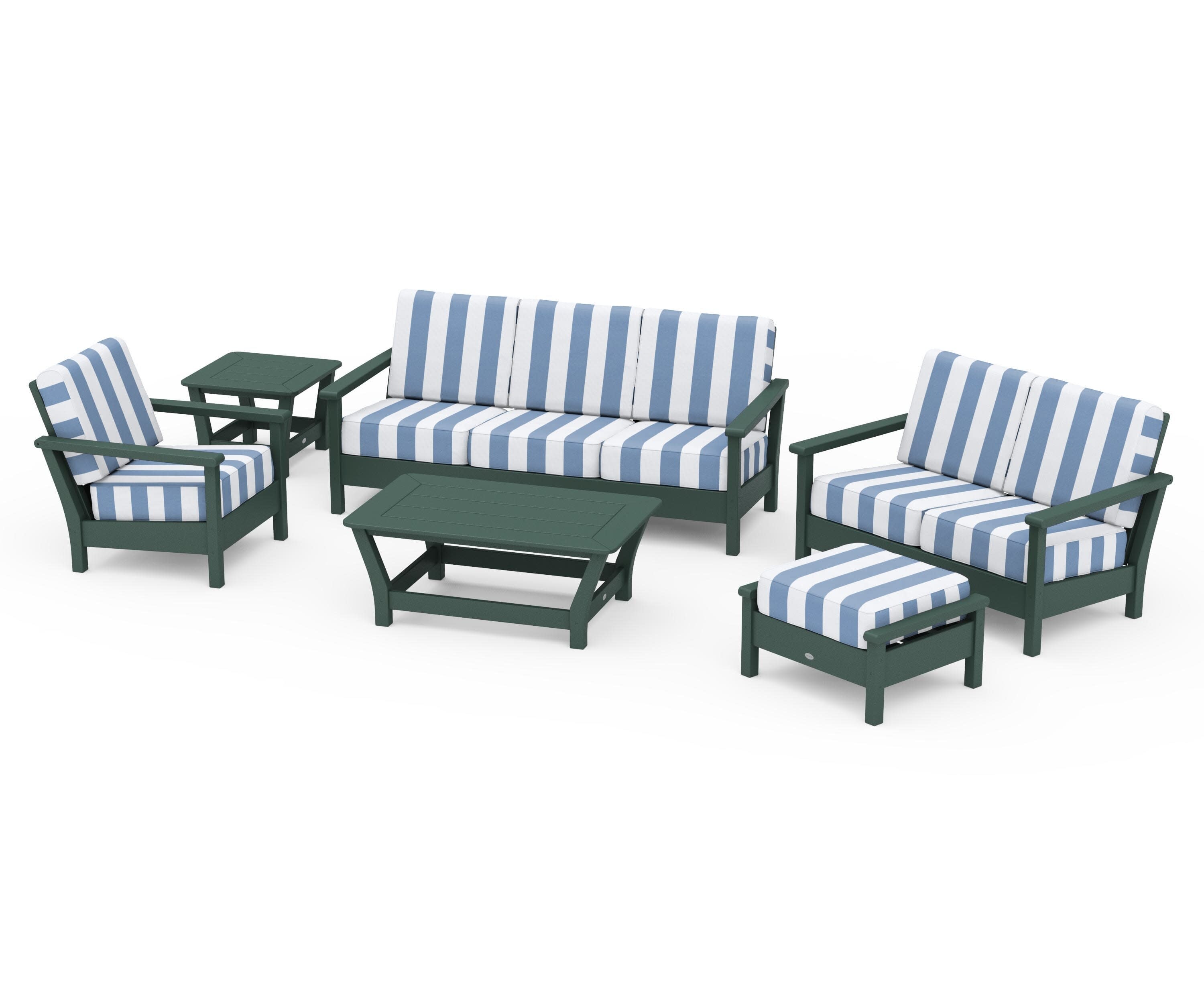 Harbour 6-Piece Outdoor Living Set in Green / Cabana Stripe Sky Blue