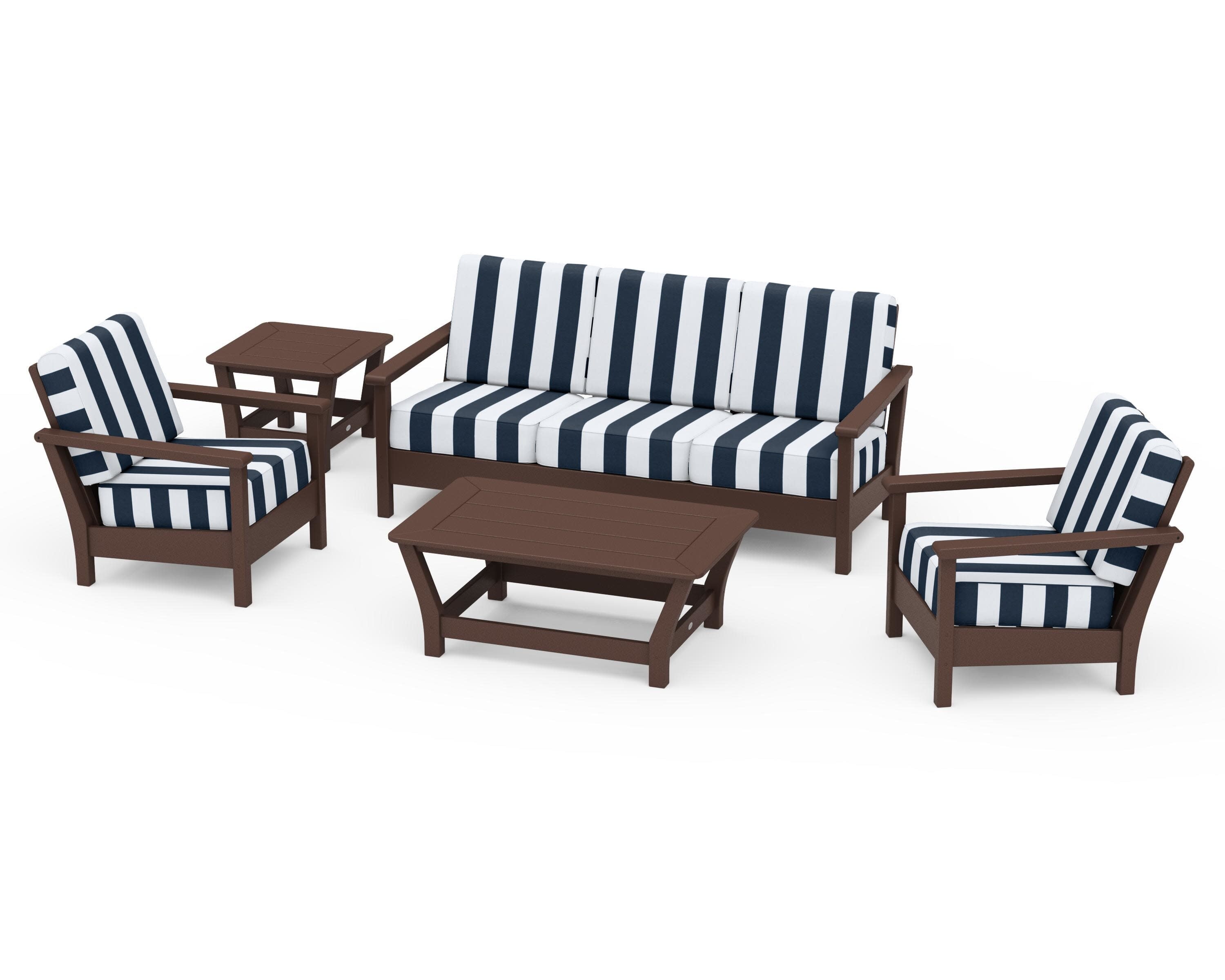 Harbour 5-Piece Deep Seating Set in Mahogany / Cabana Stripe Marine Indigo