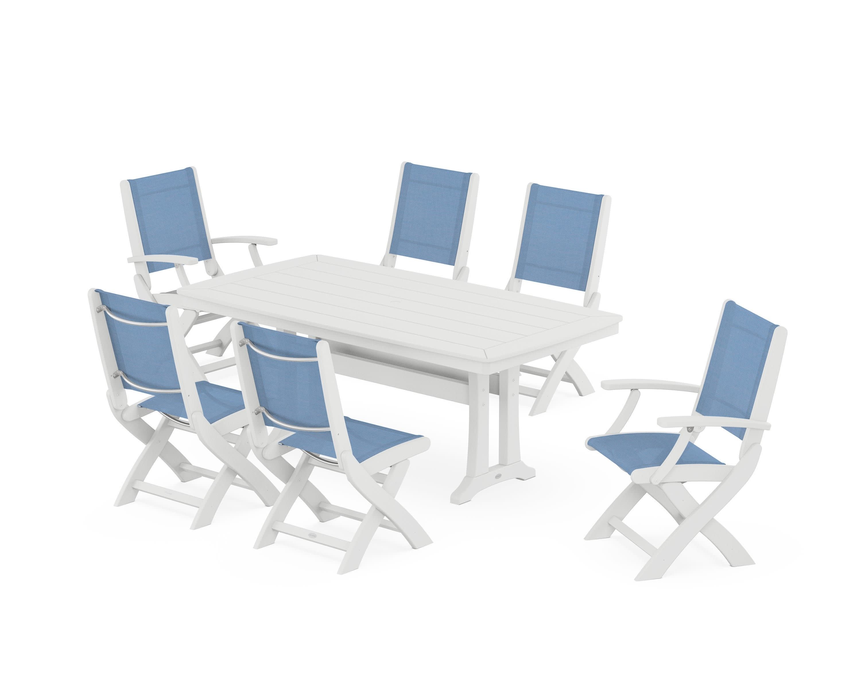 Coastal Folding Chair 7-Piece Dining Set with Trestle Legs in White / Poolside Sling