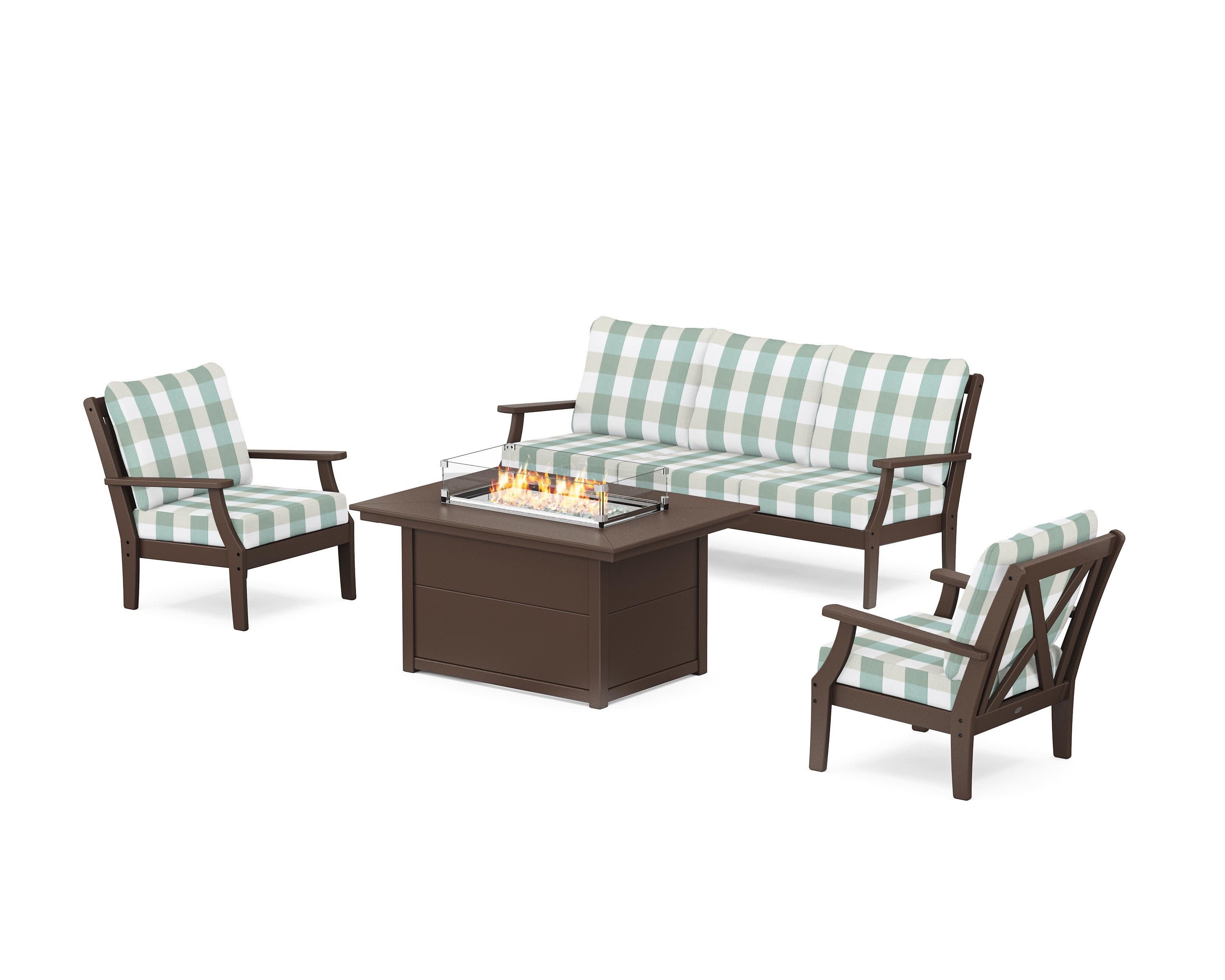 Braxton Deep Seating Fire Pit Table Set in Mahogany / Buffalo Plaid Glacier Spa