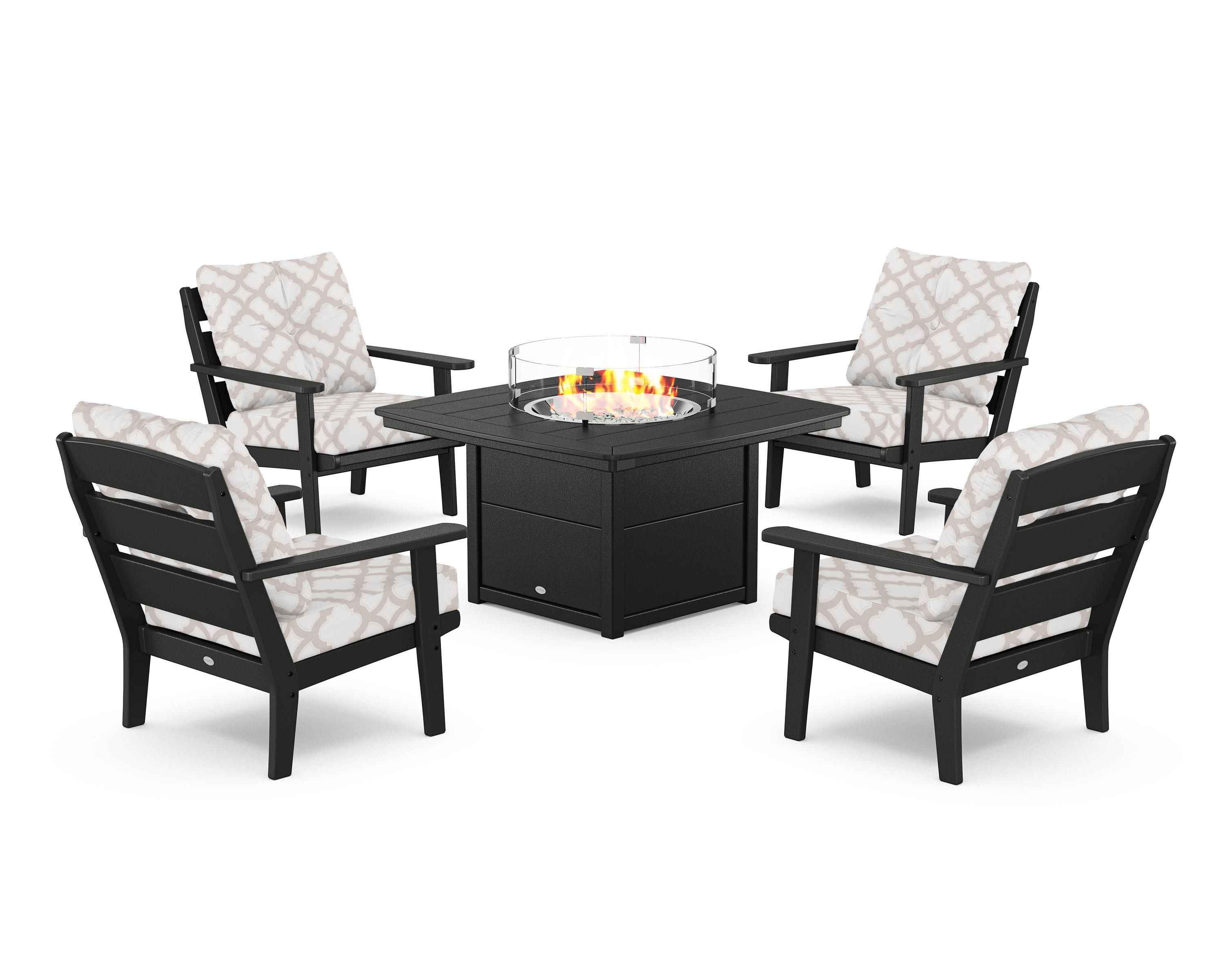 Lakeside 5-Piece Deep Seating Set with Nautical Fire Pit Table in Black / Trellis Dune Burlap
