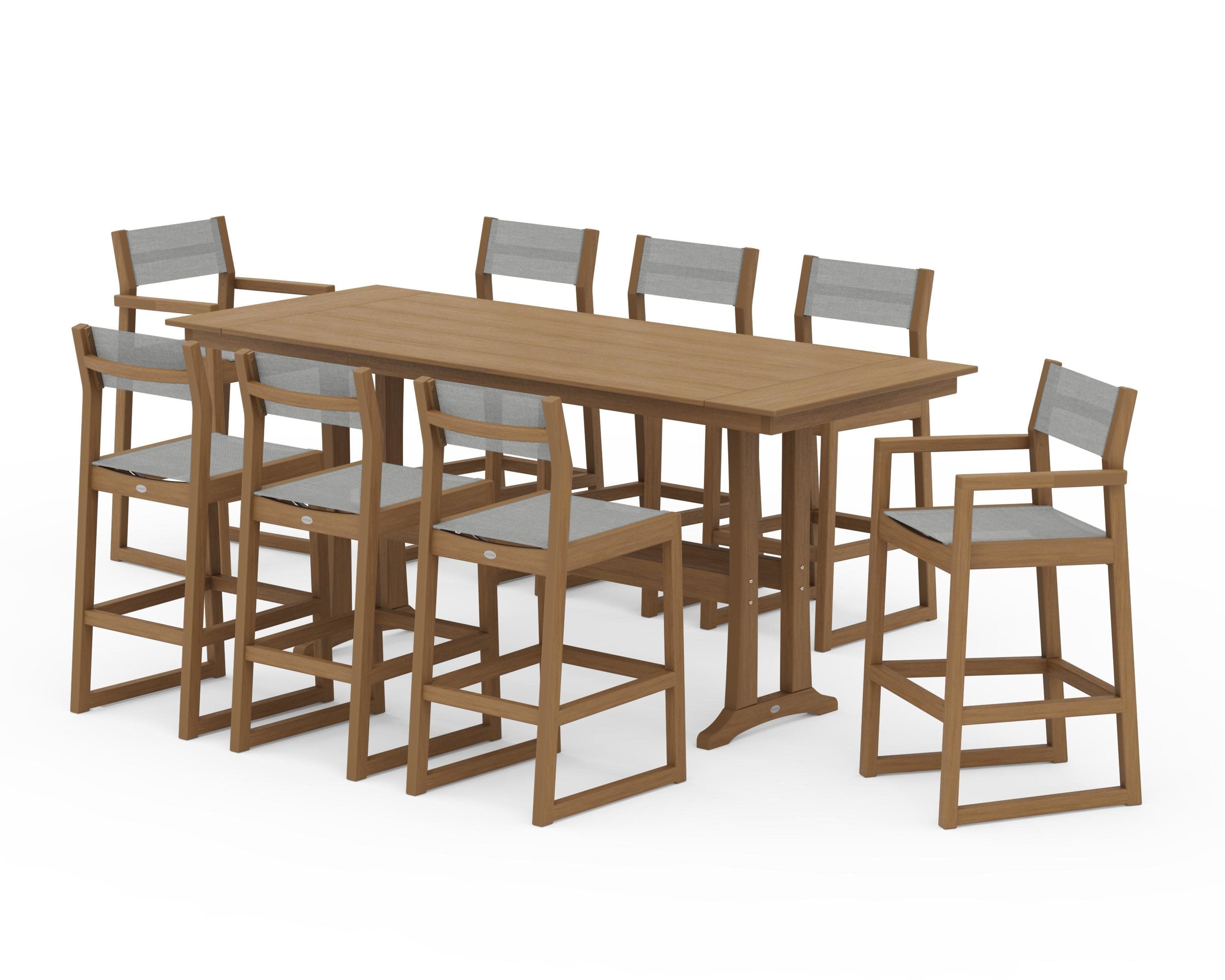 EDGE Sling 9-Piece Farmhouse Bar Set with Trestle Legs in Natural / Metallic Sling