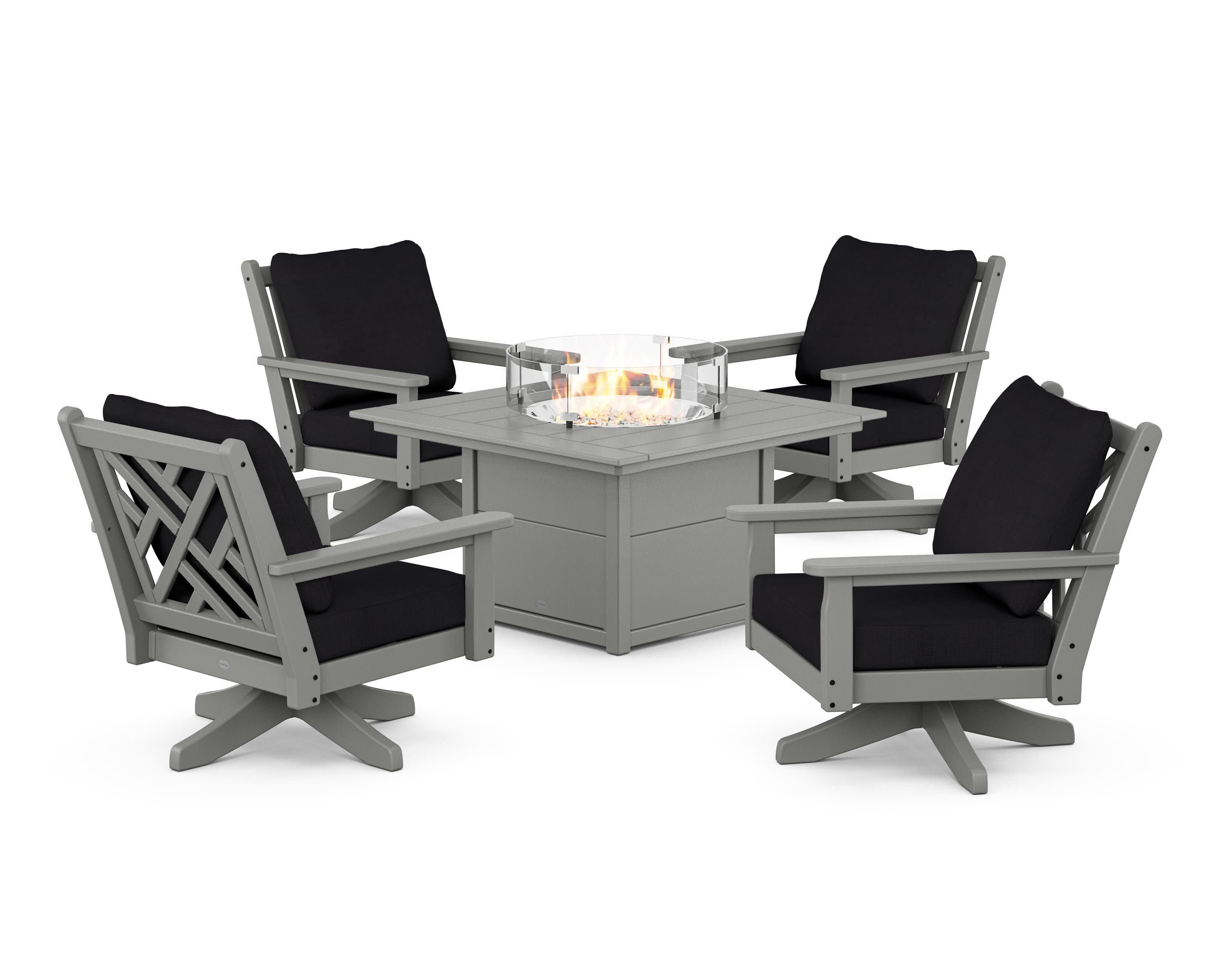 Chippendale 5-Piece Deep Seating Swivel Conversation Set with Fire Pit Table in Slate Grey / Midnight Linen