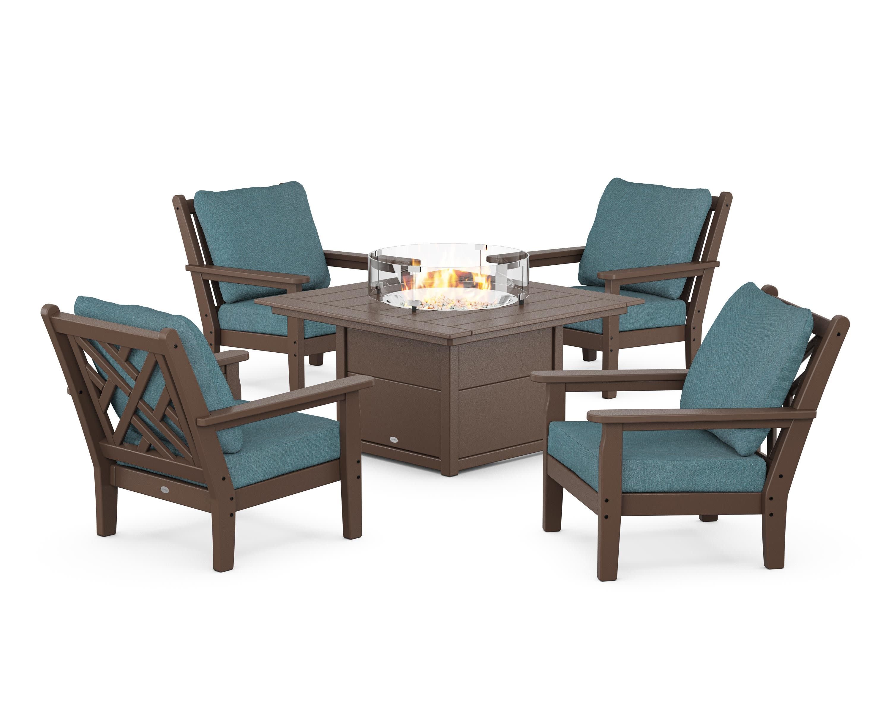 Chippendale 5-Piece Deep Seating Set with Fire Pit Table in Mahogany / Ocean Teal