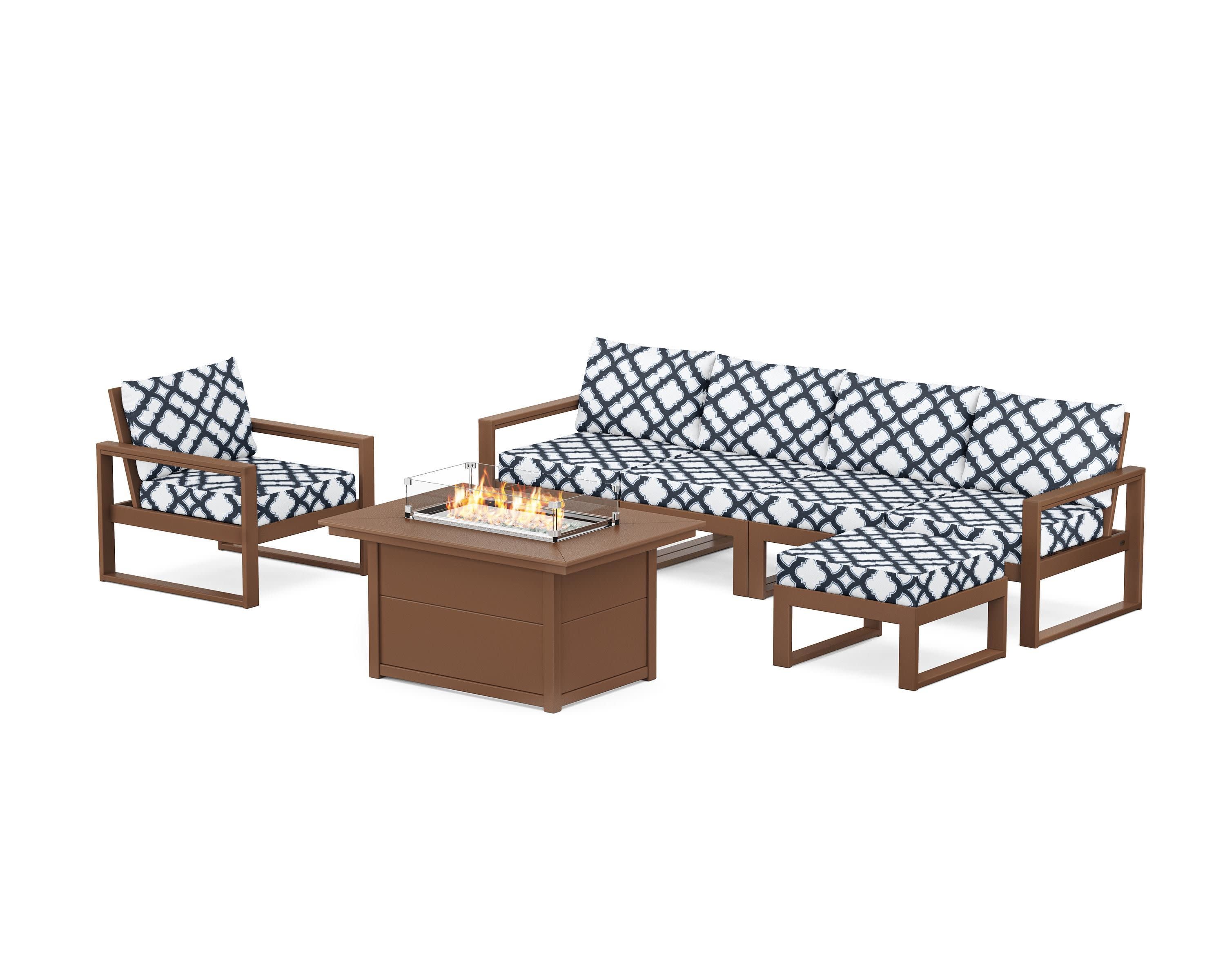 EDGE Sectional Lounge and Fire Pit Set in Teak / Trellis Marine Indigo