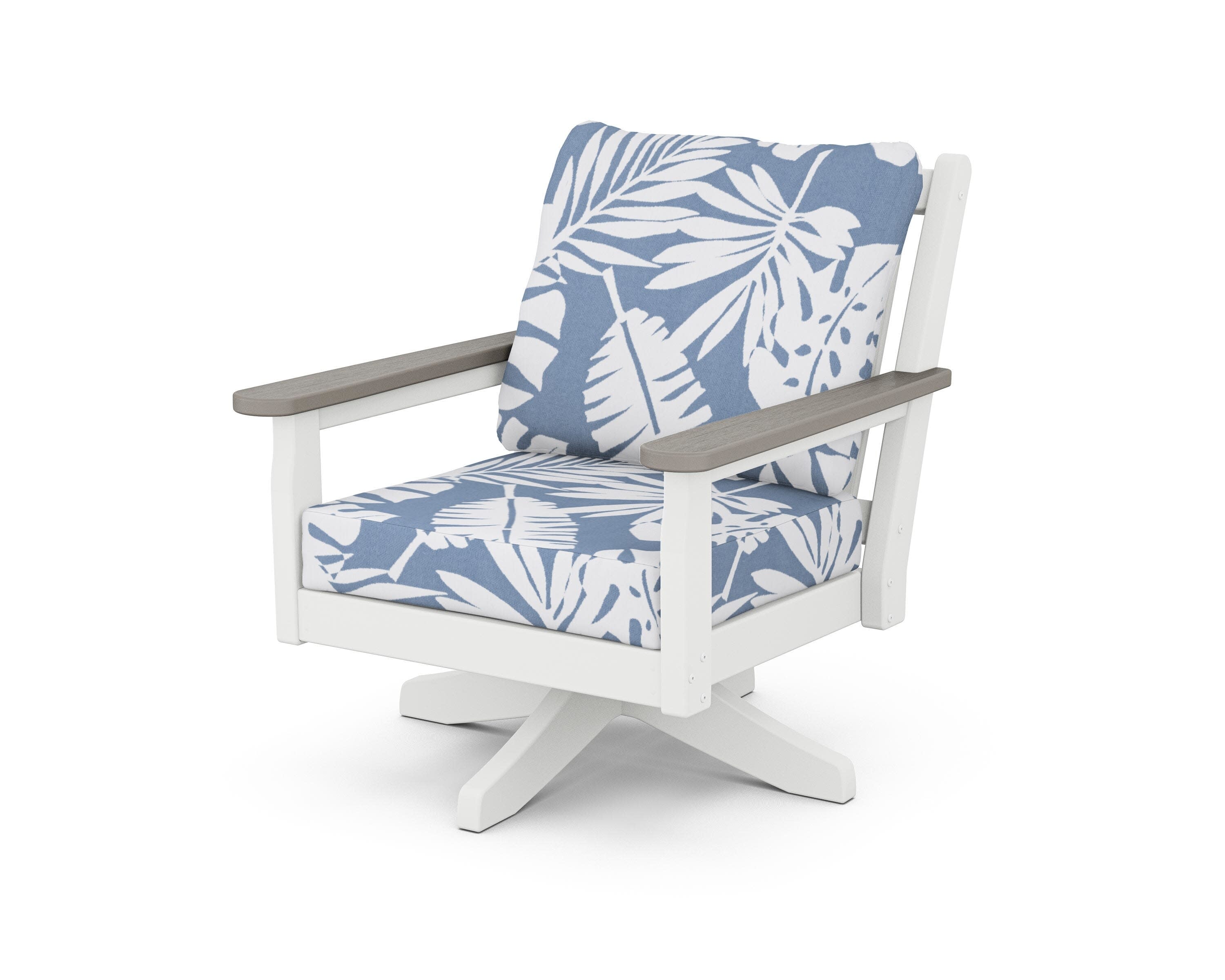 Chippendale Deep Seating Swivel Chair in White / Driftwood / Leaf Sky Blue