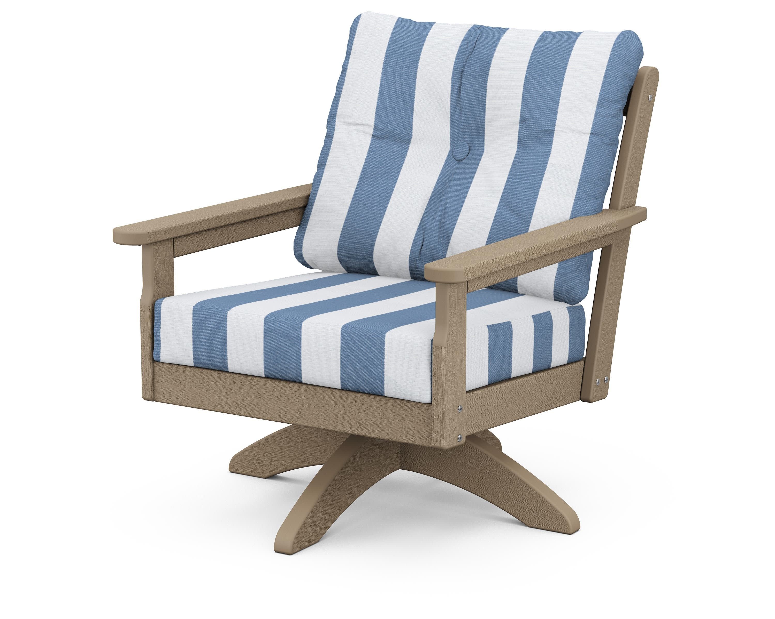Vineyard Deep Seating Swivel Chair in Vintage Sahara / Cabana Stripe Sky Blue
